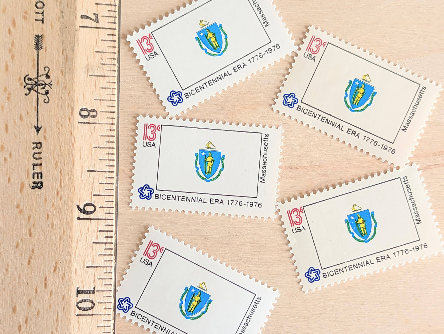 Massachusetts State Flag, Set of 10, Vintage Unused USPS 13 Cent Postage Stamps, State Flags 1976, Gummed