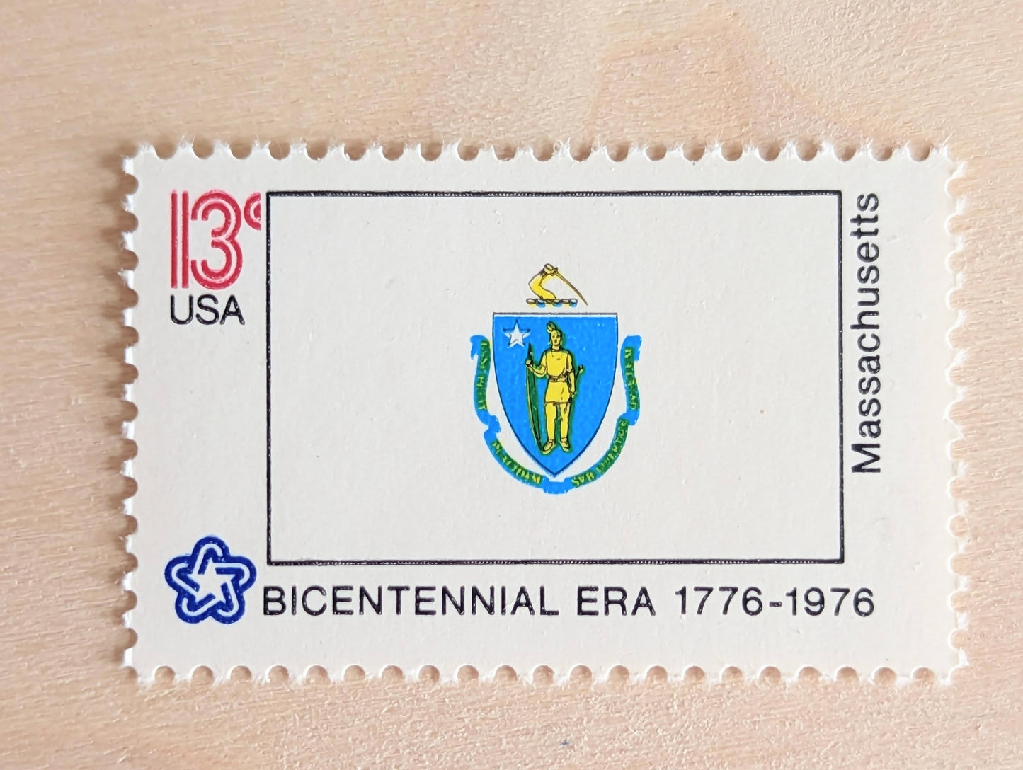 Massachusetts State Flag, Set of 10, Vintage Unused USPS 13 Cent Postage Stamps, State Flags 1976, Gummed