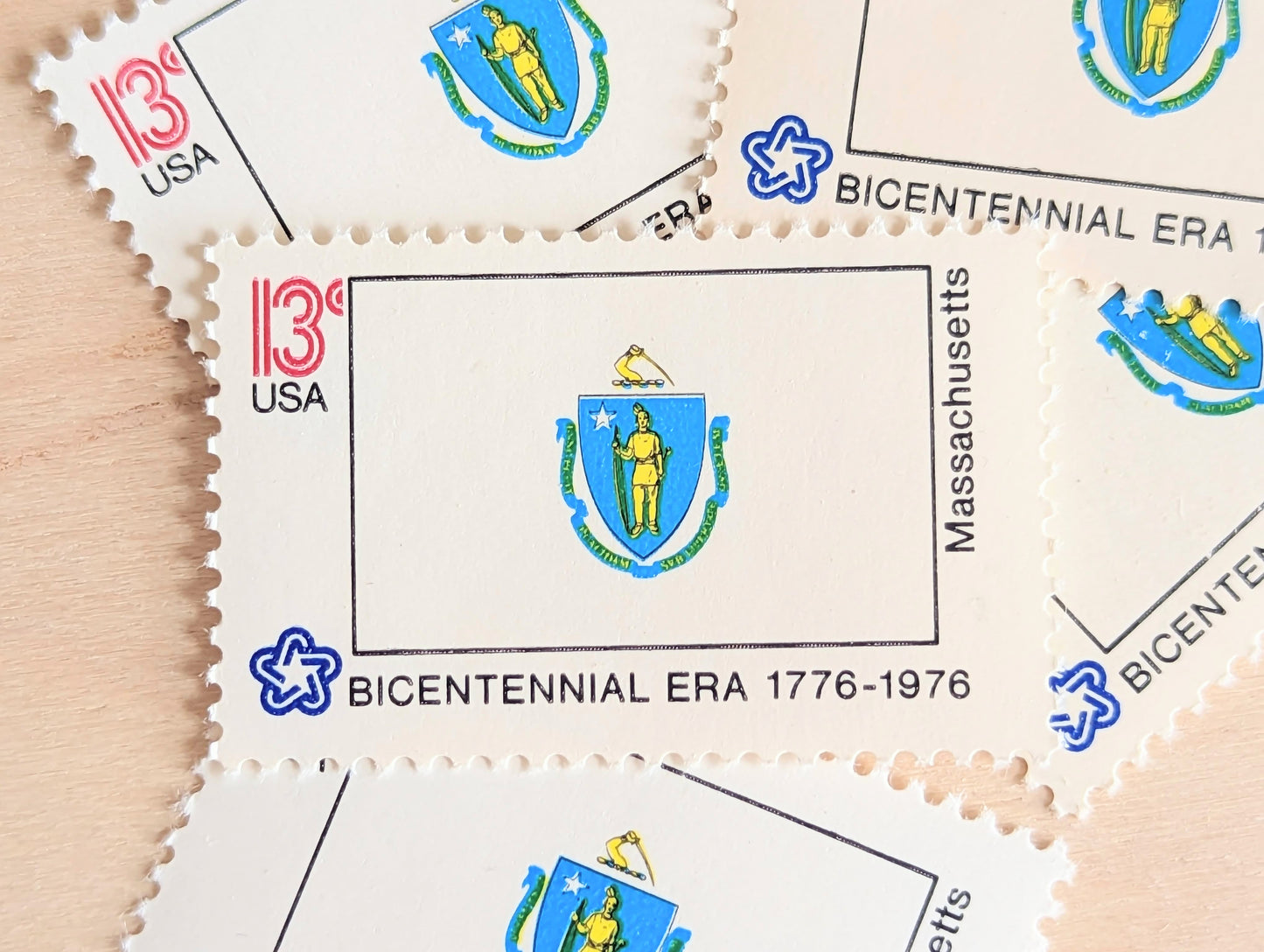 Massachusetts State Flag, Set of 10, Vintage Unused USPS 13 Cent Postage Stamps, State Flags 1976, Gummed