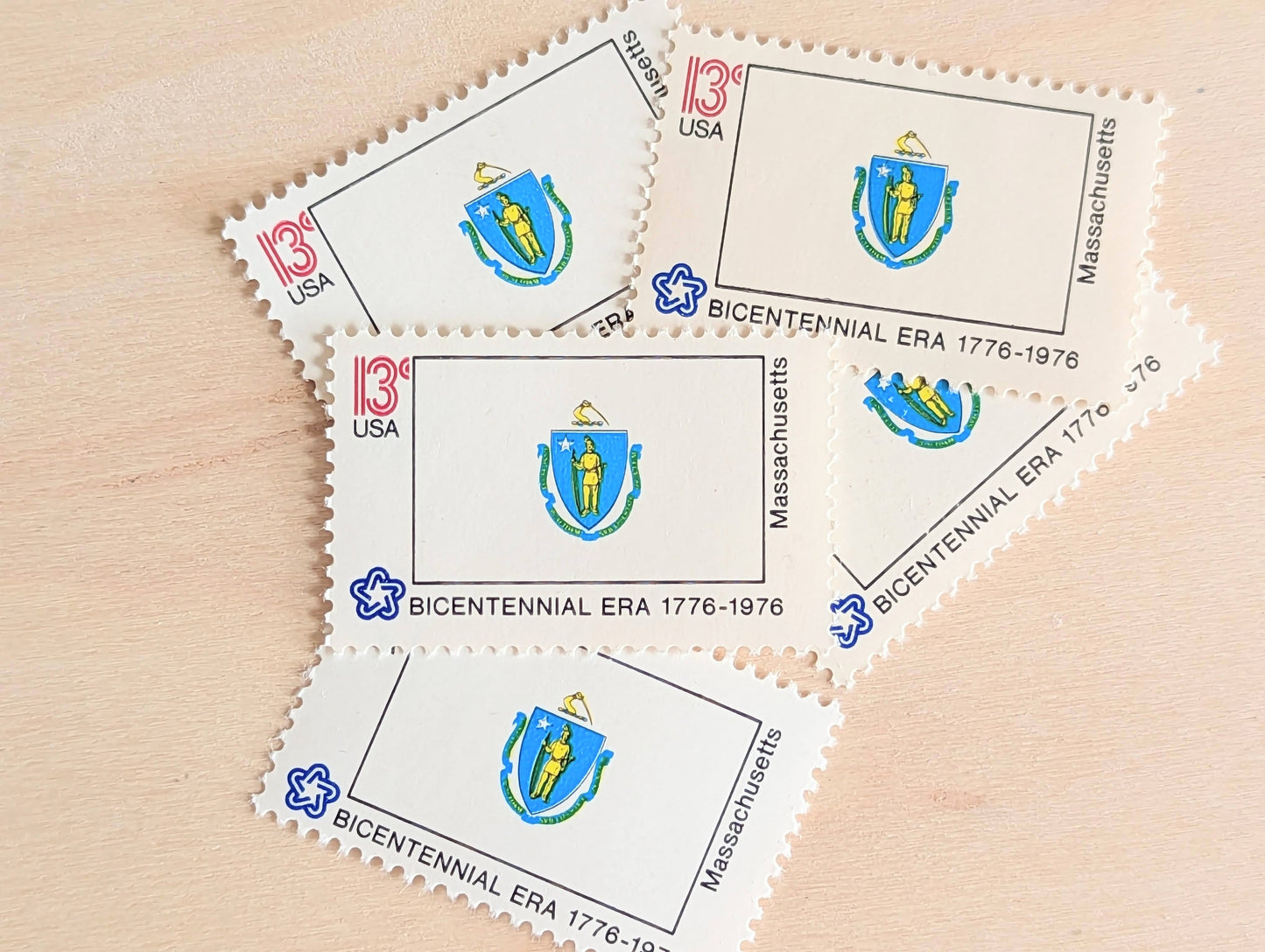 Massachusetts State Flag, Set of 10, Vintage Unused USPS 13 Cent Postage Stamps, State Flags 1976, Gummed