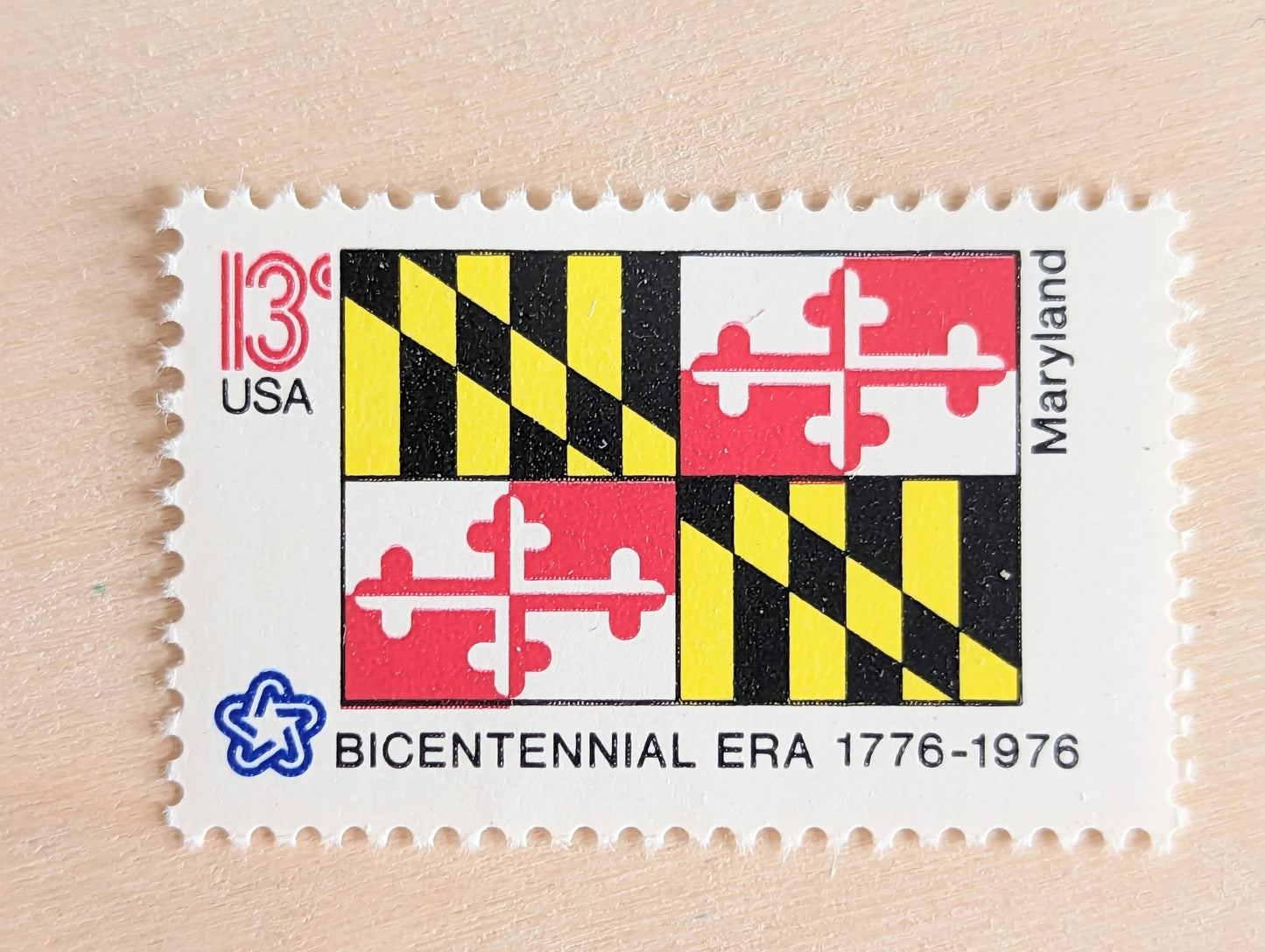Maryland State Flag, Set of 10, Vintage Unused USPS 13 Cent Postage Stamps, State Flags 1976, Gummed