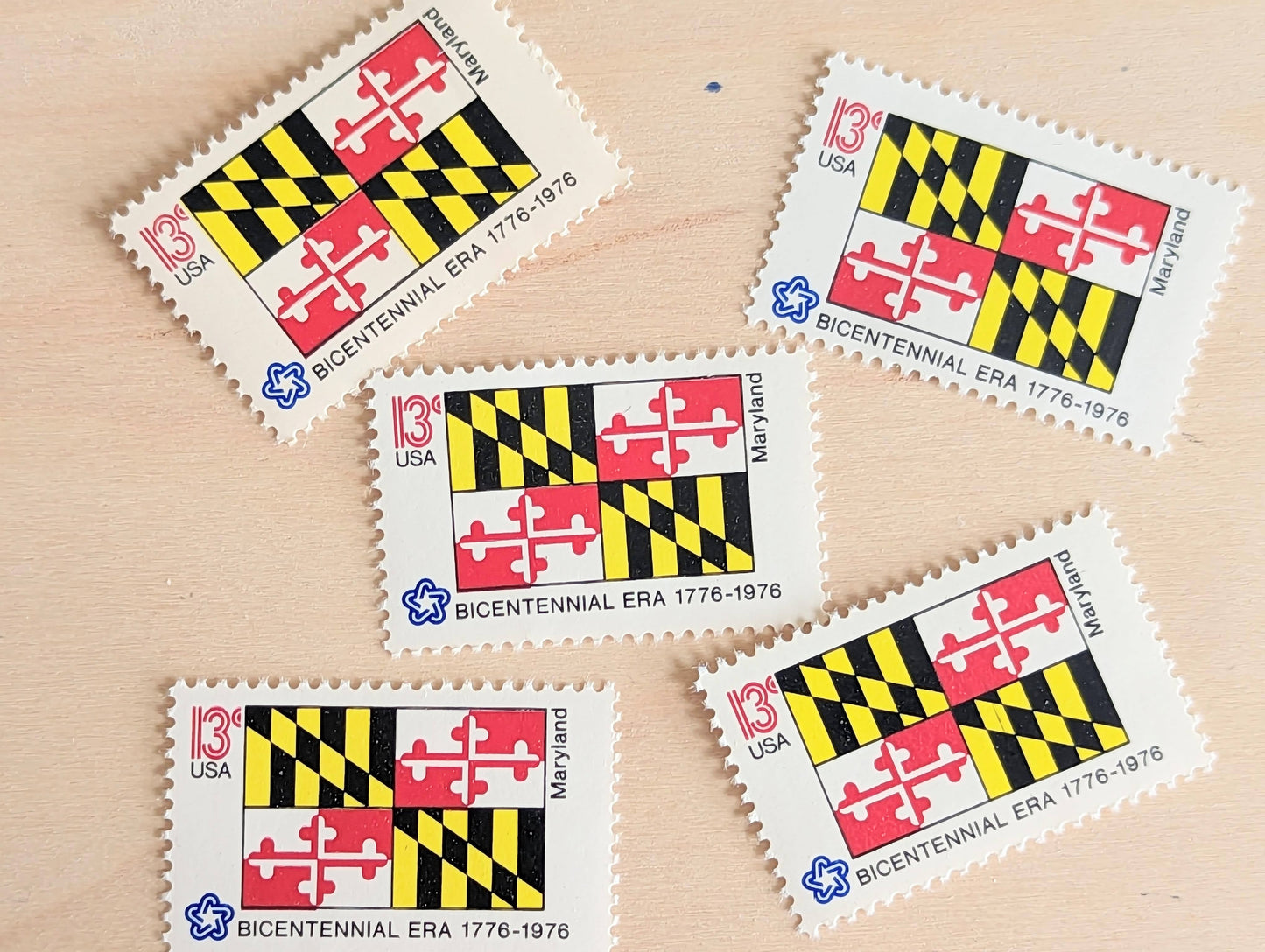 Maryland State Flag, Set of 10, Vintage Unused USPS 13 Cent Postage Stamps, State Flags 1976, Gummed