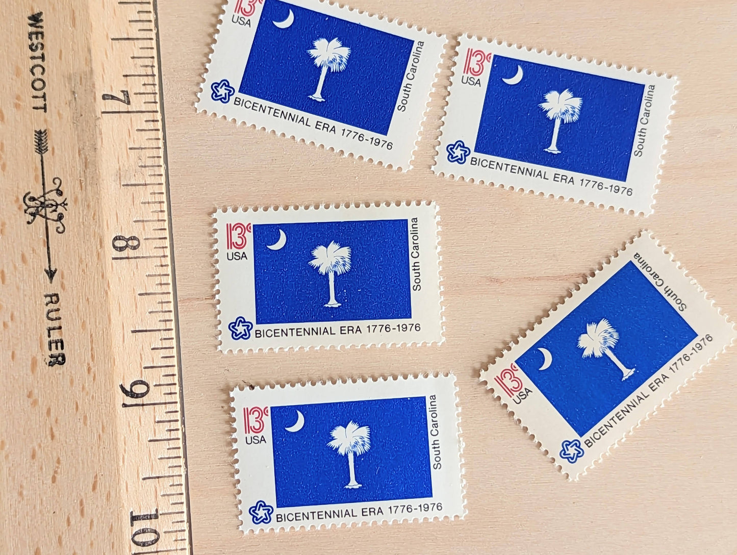 South Carolina State Flag, Set of 10, Vintage Unused USPS 13 Cent Postage Stamps, State Flags 1976, Gummed