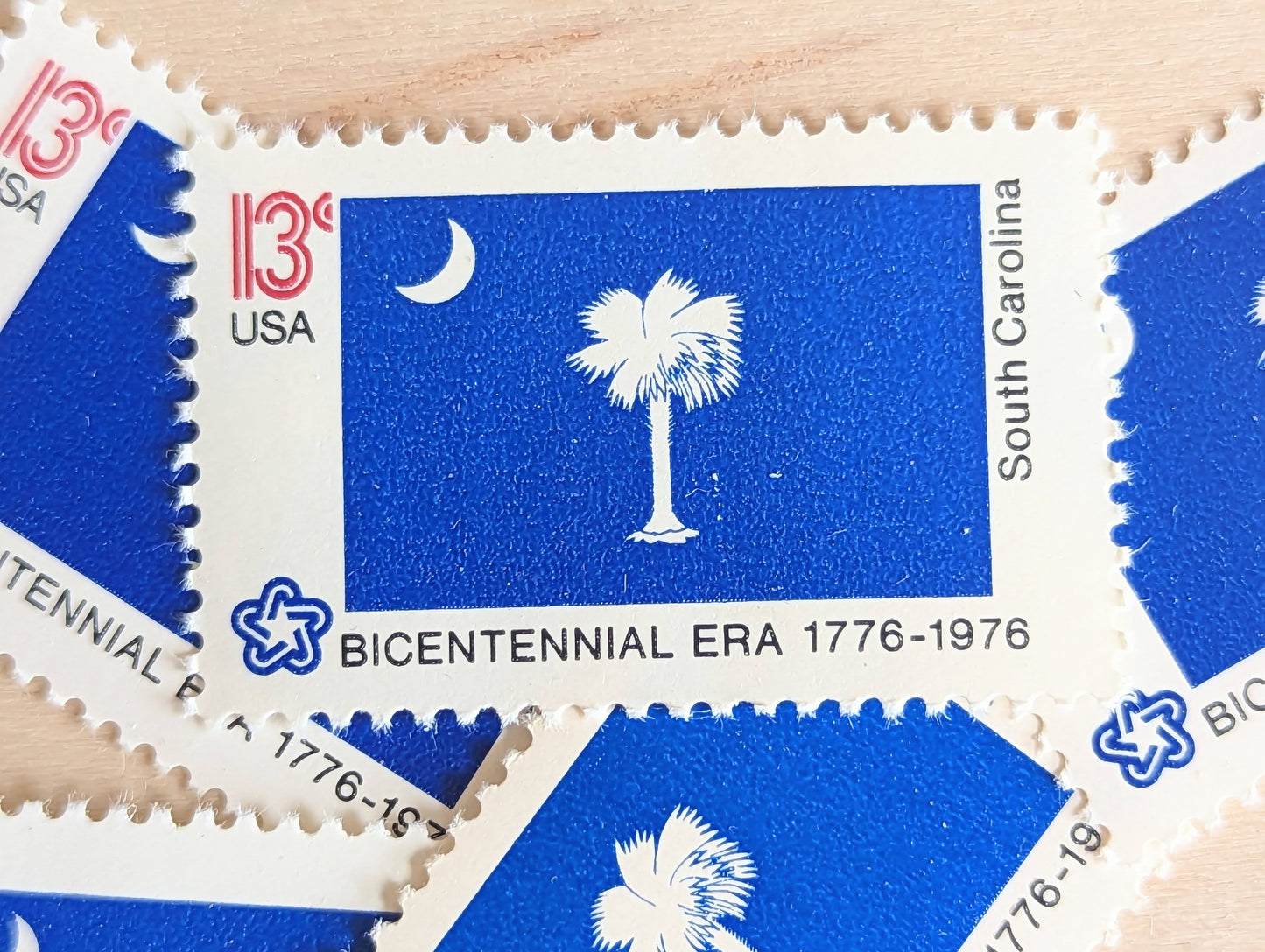 South Carolina State Flag, Set of 10, Vintage Unused USPS 13 Cent Postage Stamps, State Flags 1976, Gummed