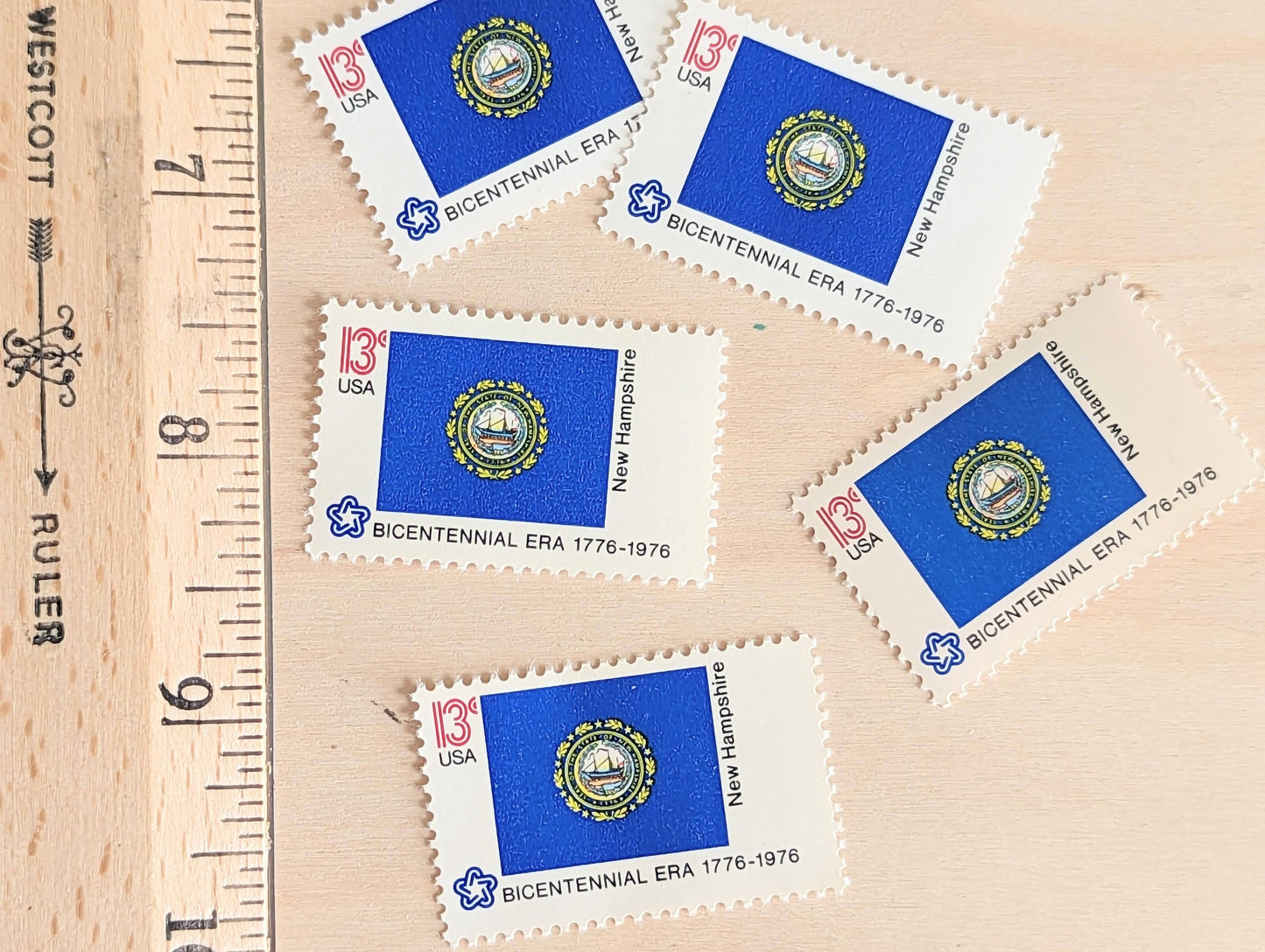 New Hampshire State Flag, Set of 10, Vintage Unused USPS 13 Cent Postage Stamps, State Flags 1976, Gummed
