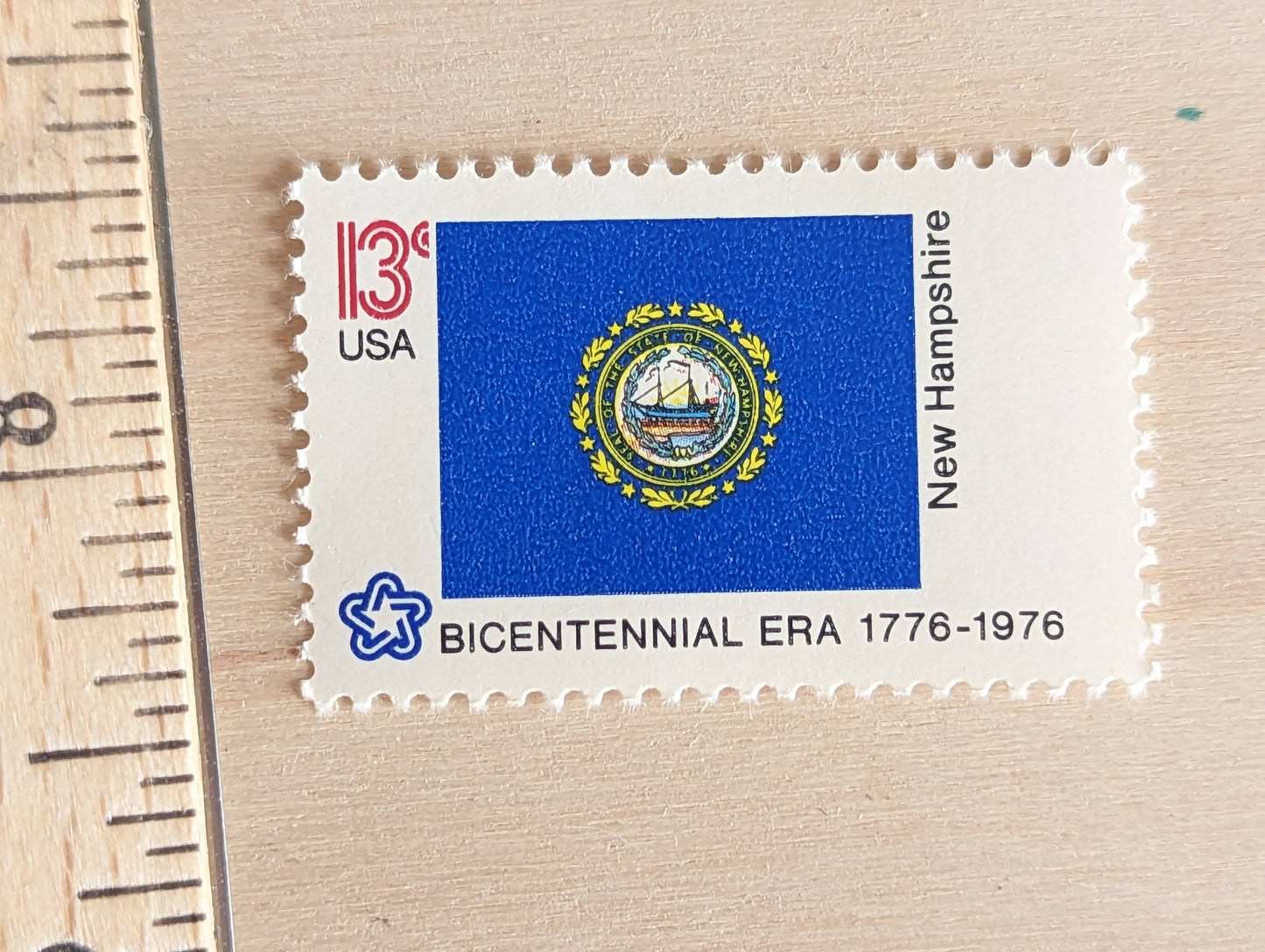 New Hampshire State Flag, Set of 10, Vintage Unused USPS 13 Cent Postage Stamps, State Flags 1976, Gummed