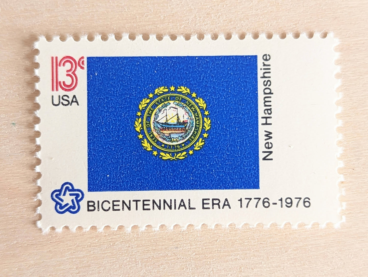 New Hampshire State Flag, Set of 10, Vintage Unused USPS 13 Cent Postage Stamps, State Flags 1976, Gummed