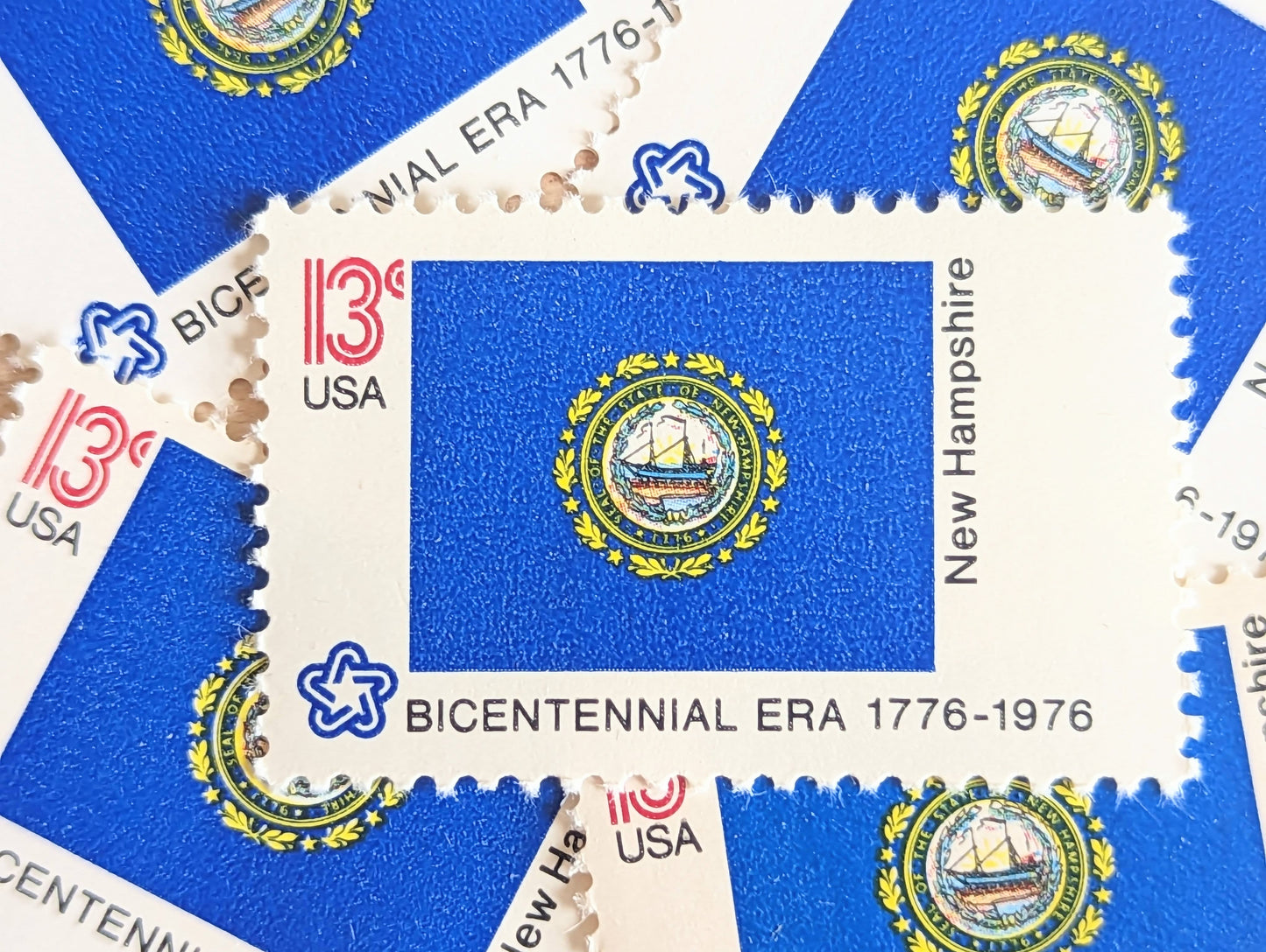 New Hampshire State Flag, Set of 10, Vintage Unused USPS 13 Cent Postage Stamps, State Flags 1976, Gummed