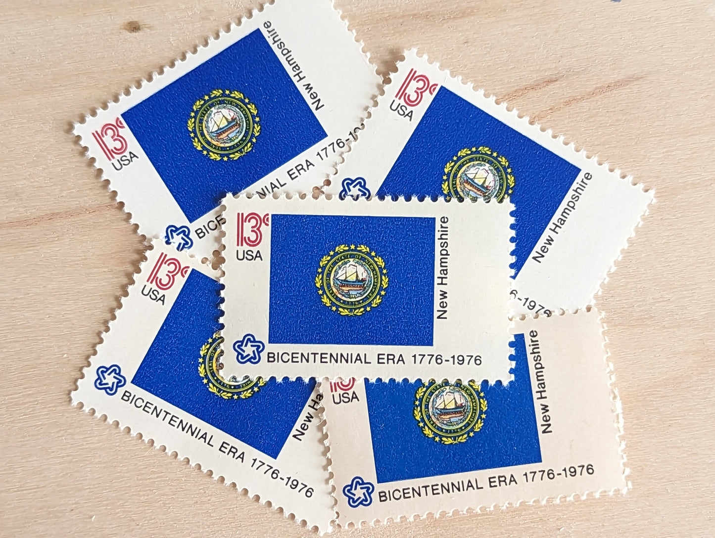 New Hampshire State Flag, Set of 10, Vintage Unused USPS 13 Cent Postage Stamps, State Flags 1976, Gummed