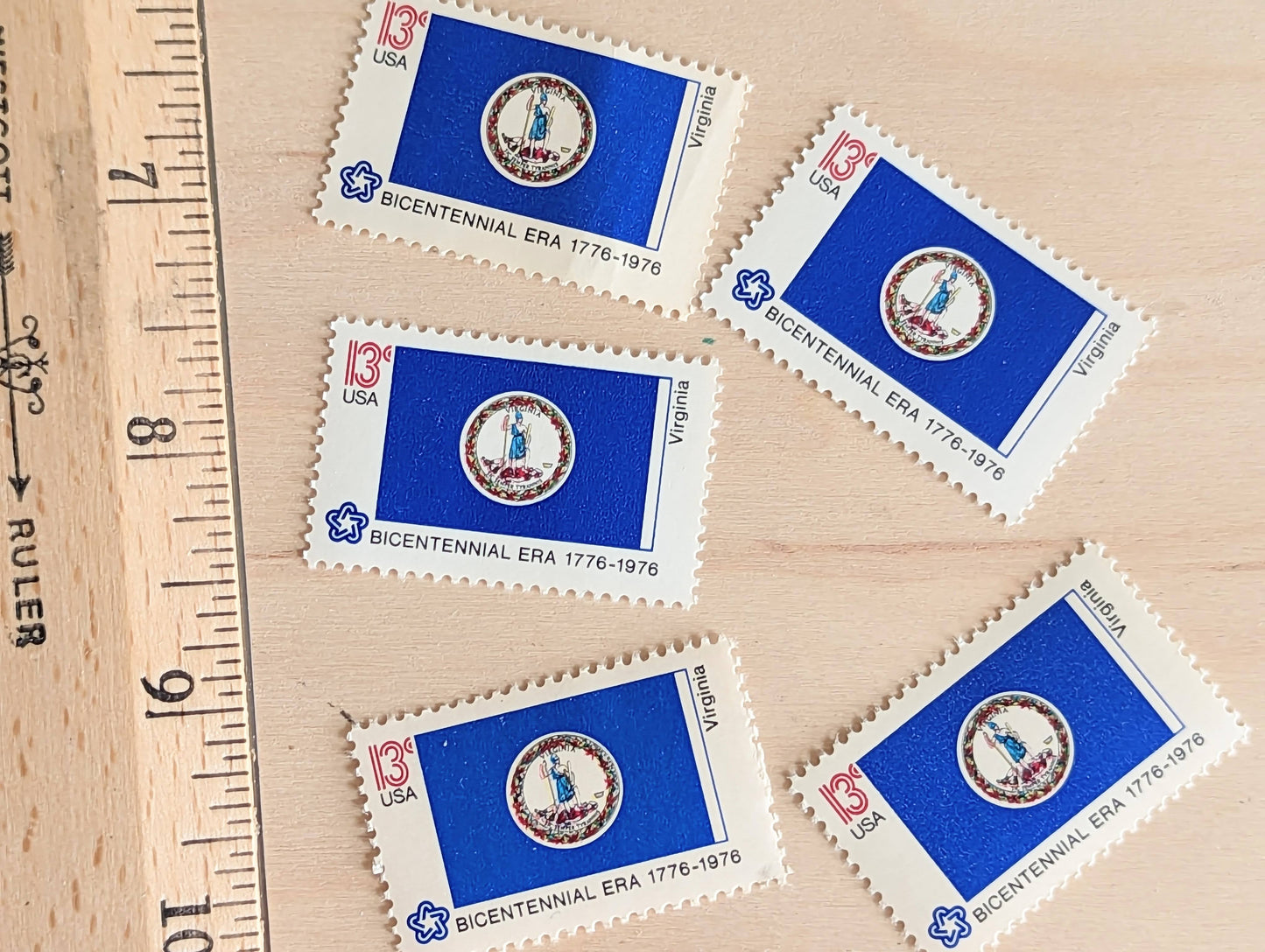 Virginia State Flag, Set of 10, Vintage Unused USPS 13 Cent Postage Stamps, State Flags 1976, Gummed