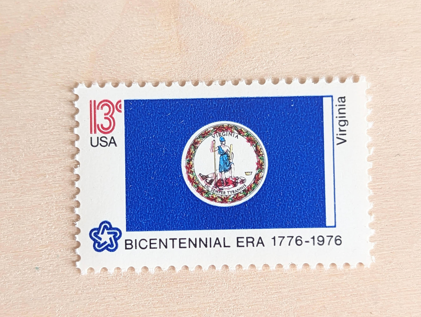 Virginia State Flag, Set of 10, Vintage Unused USPS 13 Cent Postage Stamps, State Flags 1976, Gummed
