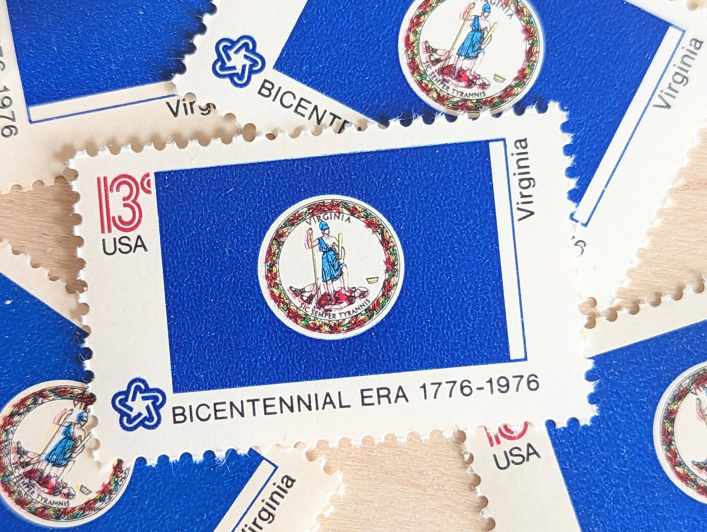 Virginia State Flag, Set of 10, Vintage Unused USPS 13 Cent Postage Stamps, State Flags 1976, Gummed