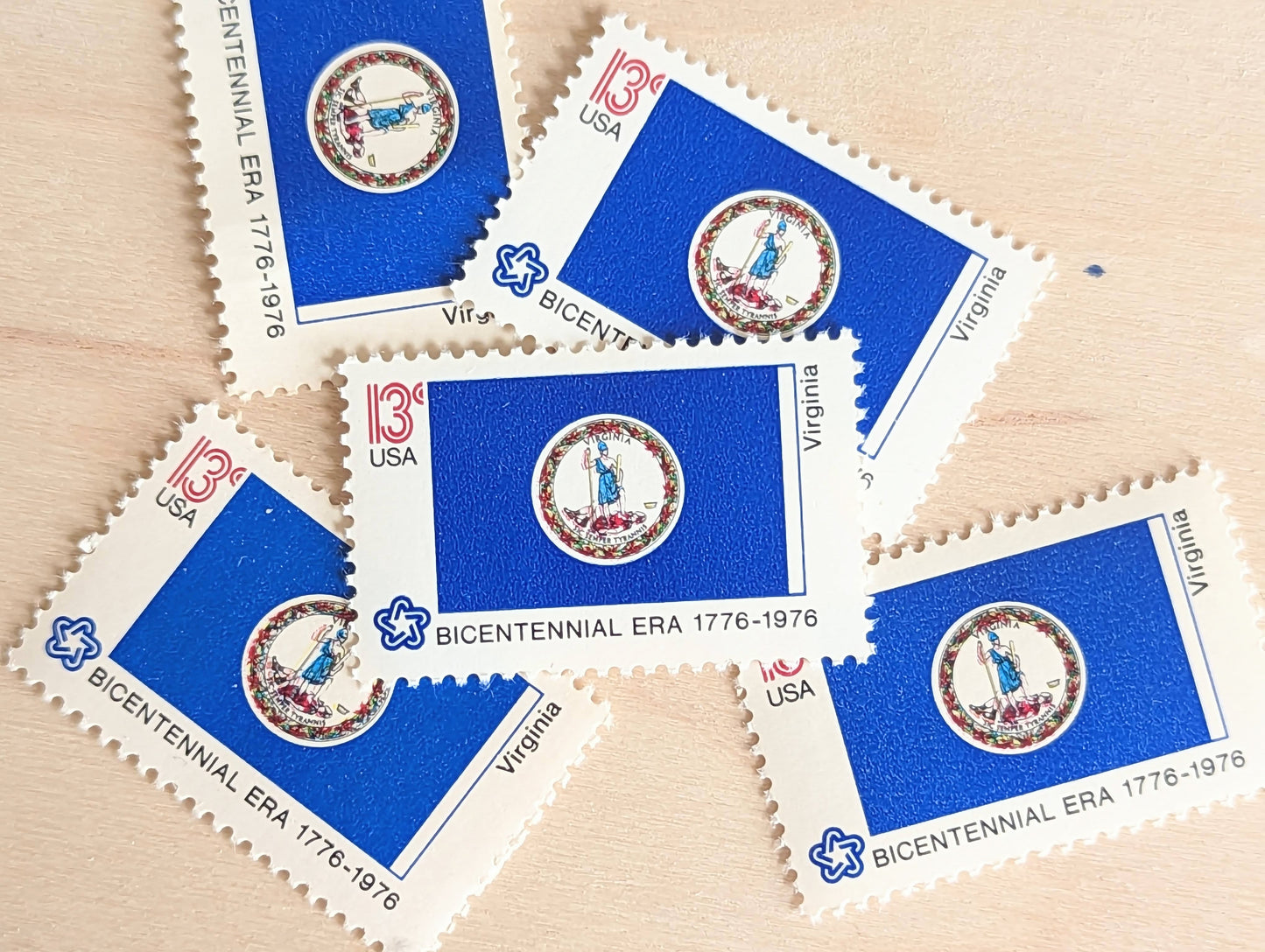 Virginia State Flag, Set of 10, Vintage Unused USPS 13 Cent Postage Stamps, State Flags 1976, Gummed