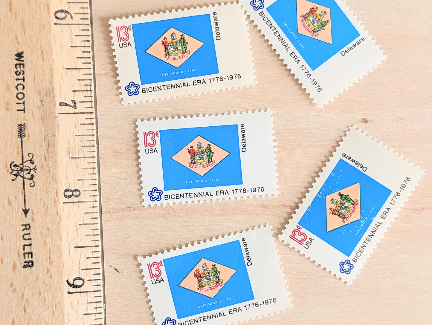 Delaware State Flag, Set of 10, Vintage Unused USPS 13 Cent Postage Stamps, State Flags 1976, Gummed