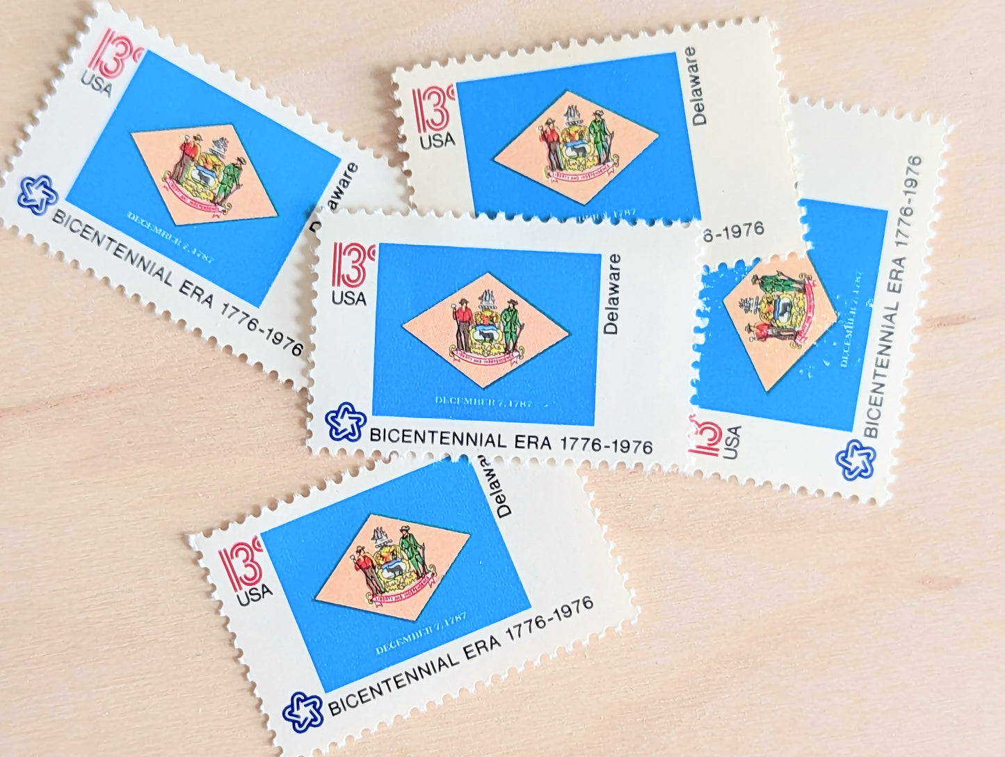 Delaware State Flag, Set of 10, Vintage Unused USPS 13 Cent Postage Stamps, State Flags 1976, Gummed