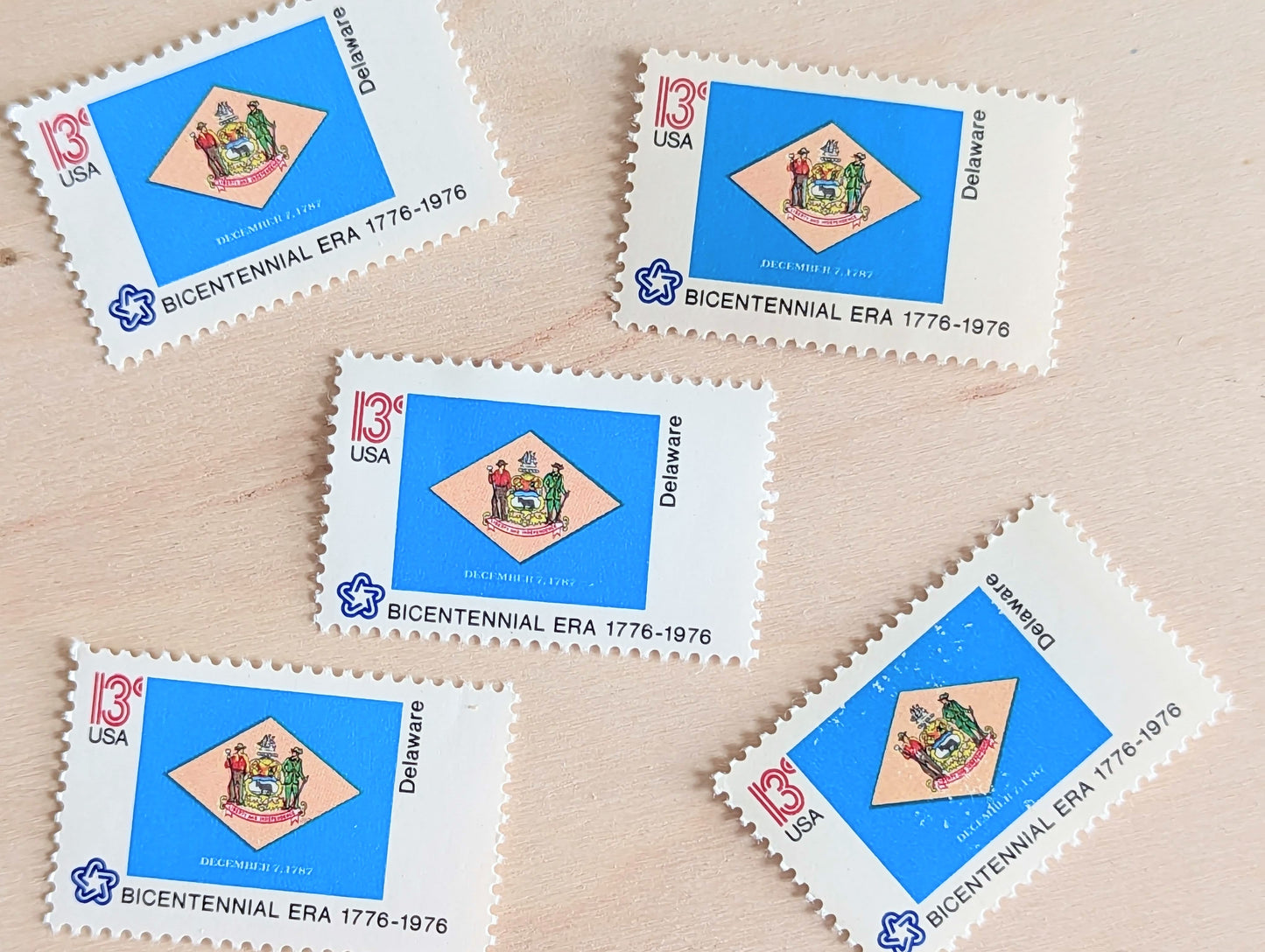 Delaware State Flag, Set of 10, Vintage Unused USPS 13 Cent Postage Stamps, State Flags 1976, Gummed