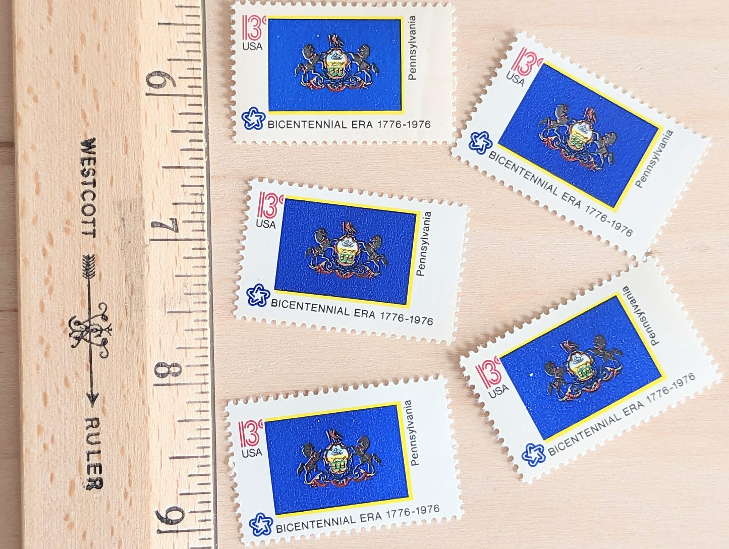 Pennsylvania State Flag, Set of 10, Vintage Unused USPS 13 Cent Postage Stamps, State Flags 1976, Gummed