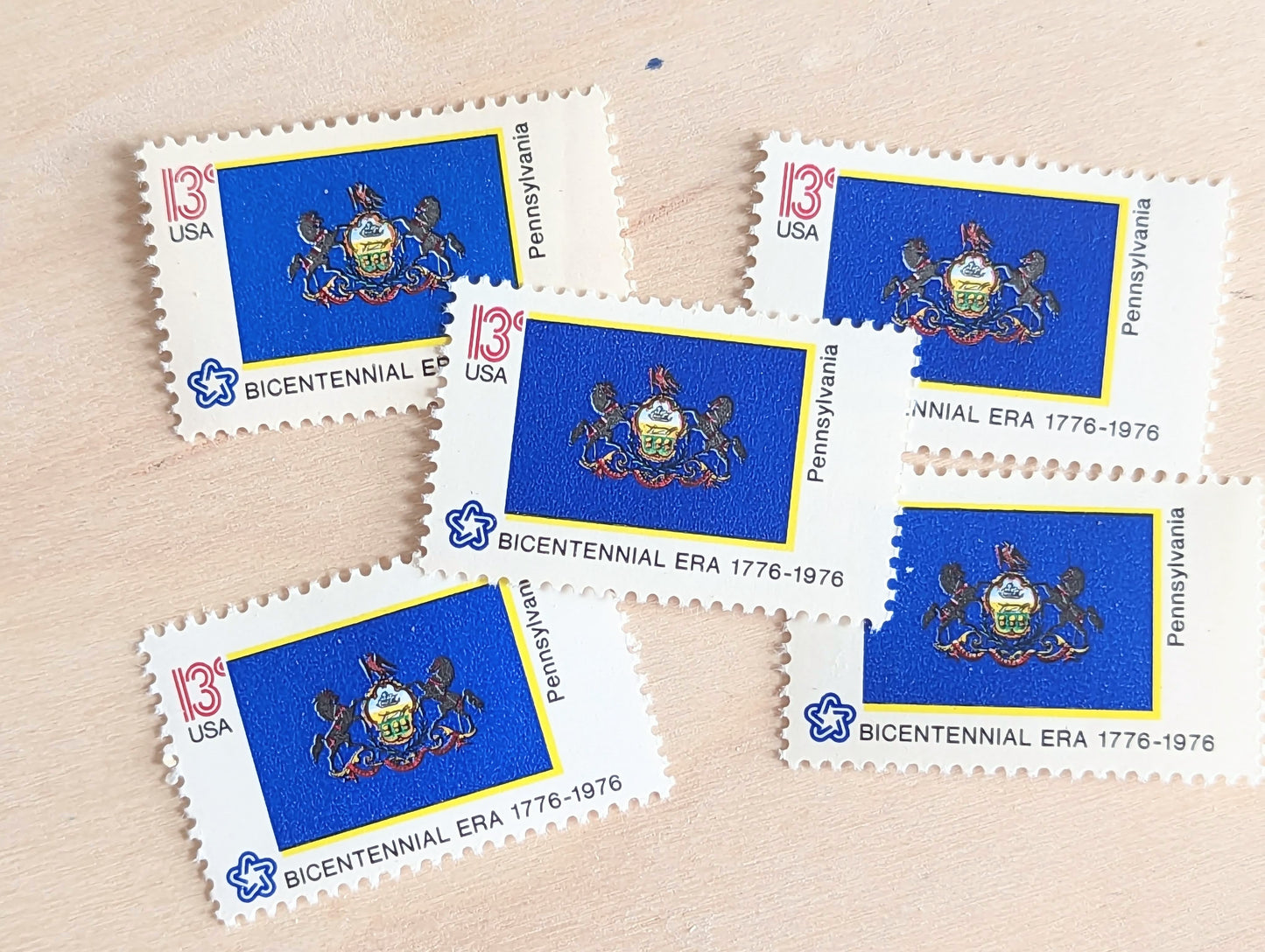Pennsylvania State Flag, Set of 10, Vintage Unused USPS 13 Cent Postage Stamps, State Flags 1976, Gummed