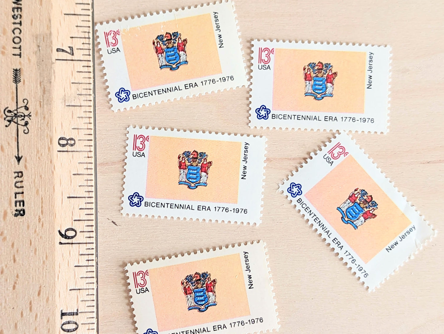 New Jersey State Flag, Set of 10, Vintage Unused USPS 13 Cent Postage Stamps, State Flags 1976, Gummed