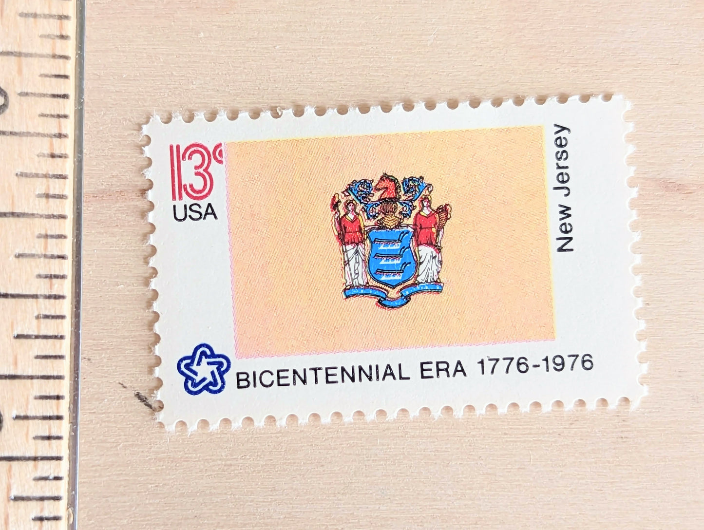 New Jersey State Flag, Set of 10, Vintage Unused USPS 13 Cent Postage Stamps, State Flags 1976, Gummed