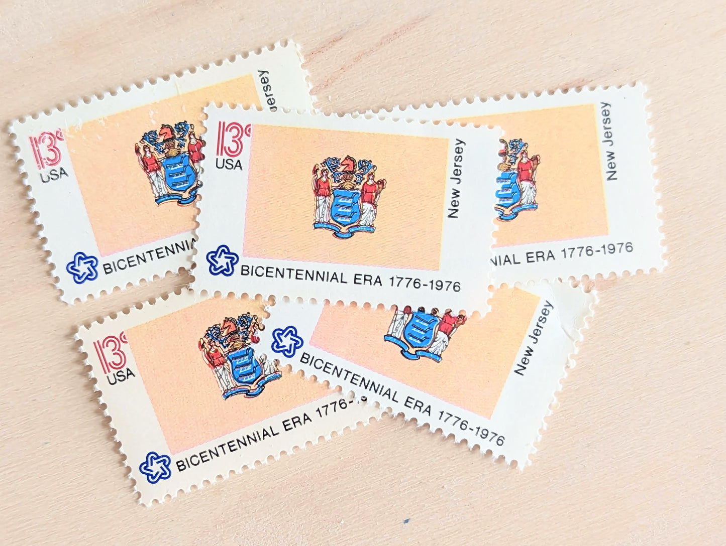 New Jersey State Flag, Set of 10, Vintage Unused USPS 13 Cent Postage Stamps, State Flags 1976, Gummed