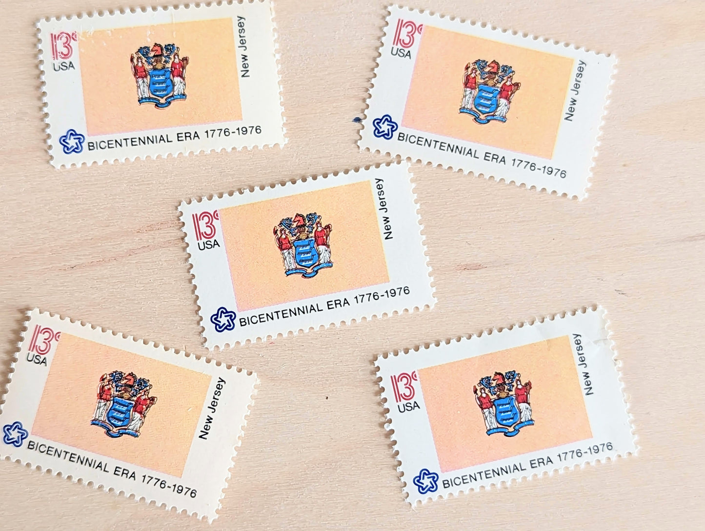 New Jersey State Flag, Set of 10, Vintage Unused USPS 13 Cent Postage Stamps, State Flags 1976, Gummed