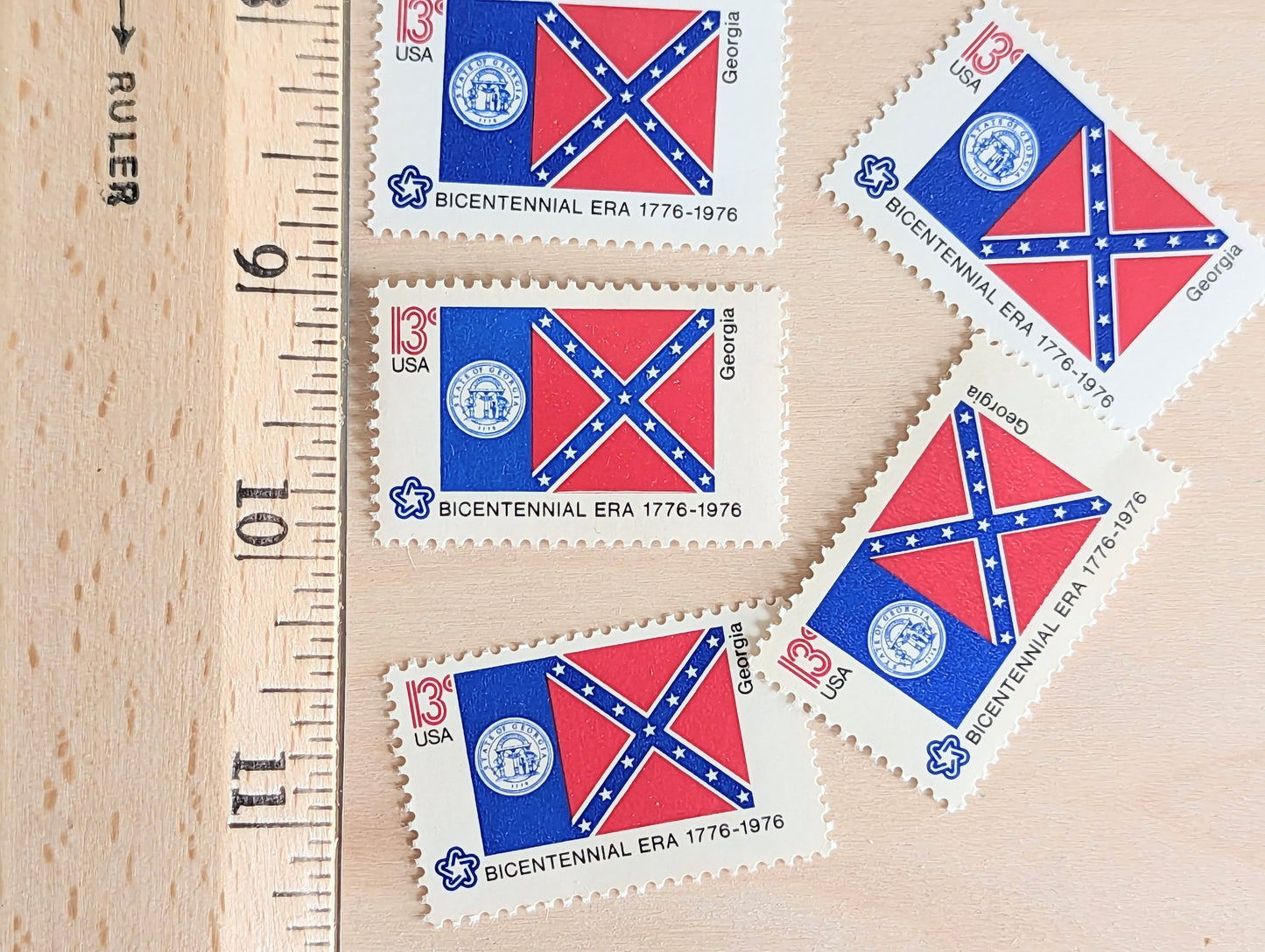 Georgia State Flag, Set of 10, Vintage Unused USPS 13 Cent Postage Stamps, State Flags 1976, Gummed