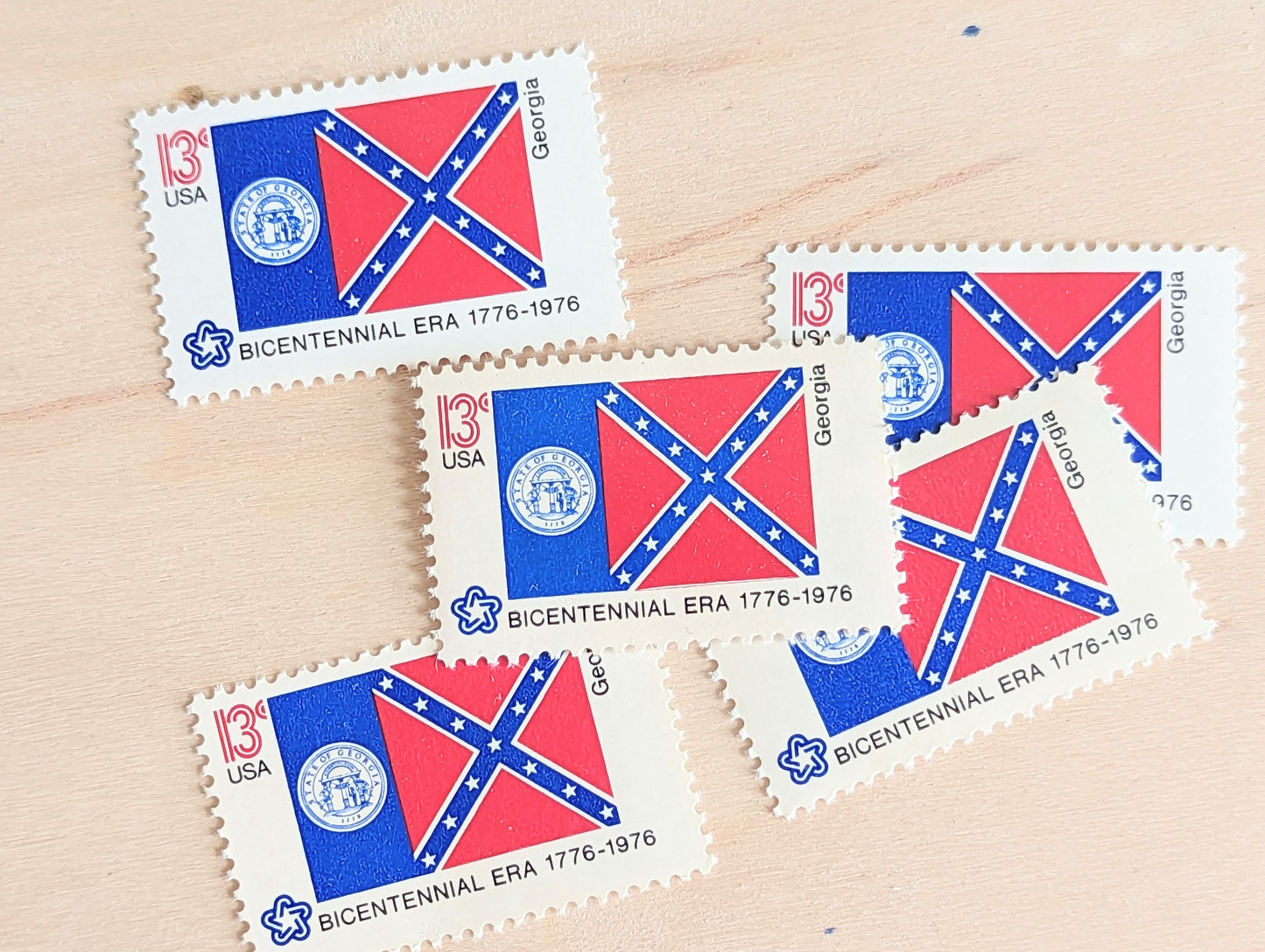 Georgia State Flag, Set of 10, Vintage Unused USPS 13 Cent Postage Stamps, State Flags 1976, Gummed