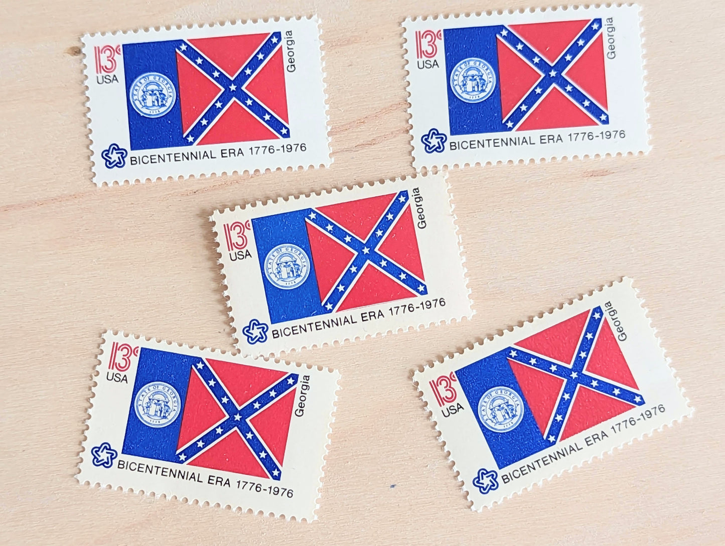 Georgia State Flag, Set of 10, Vintage Unused USPS 13 Cent Postage Stamps, State Flags 1976, Gummed