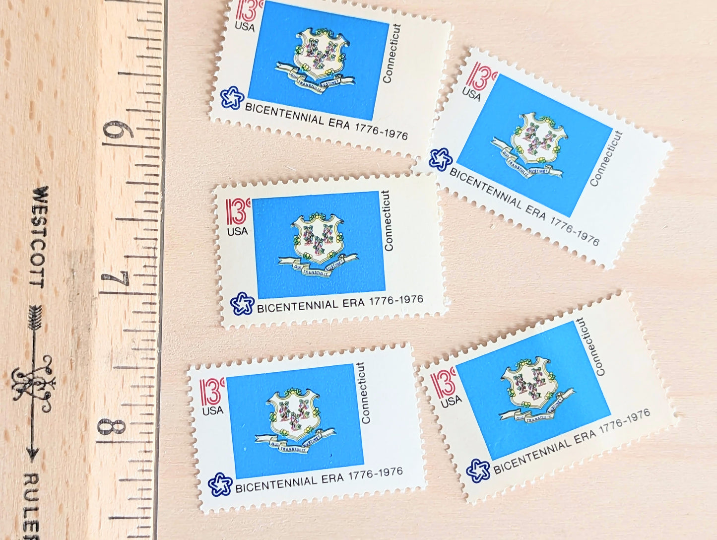 Connecticut State Flag, Set of 10, Vintage Unused USPS 13 Cent Postage Stamps, State Flags 1976, Gummed
