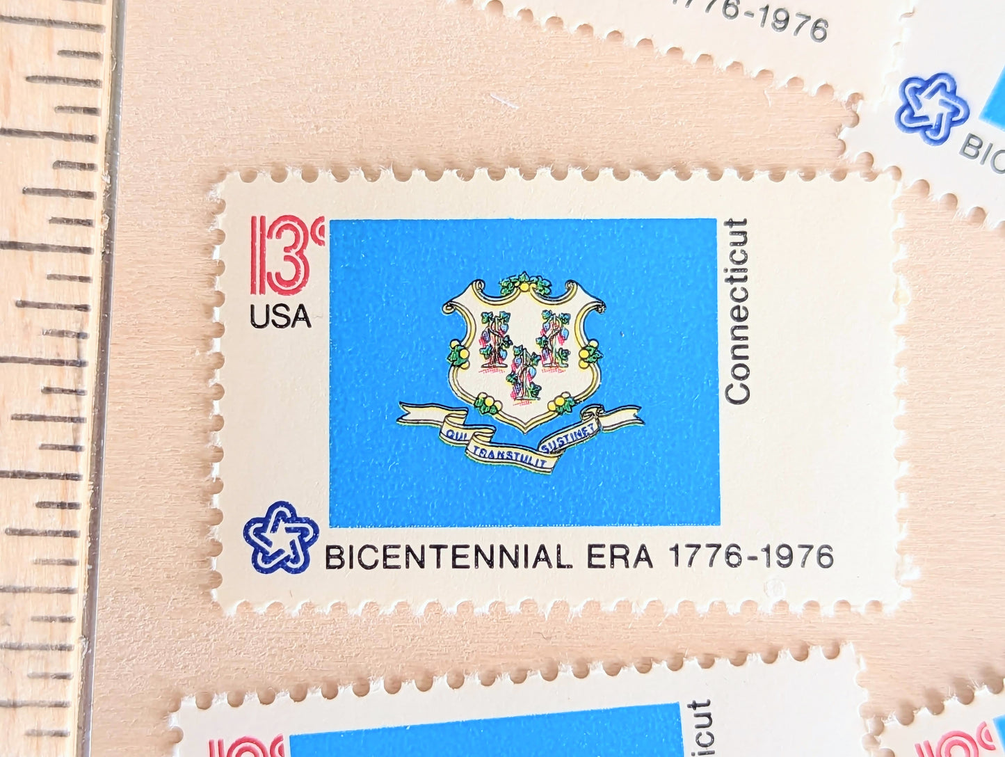 Connecticut State Flag, Set of 10, Vintage Unused USPS 13 Cent Postage Stamps, State Flags 1976, Gummed