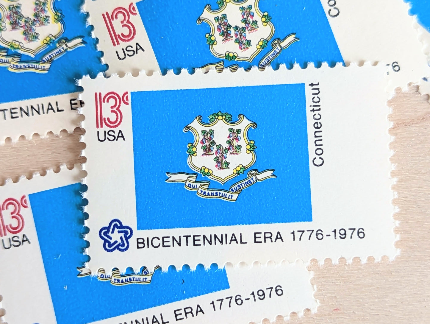Connecticut State Flag, Set of 10, Vintage Unused USPS 13 Cent Postage Stamps, State Flags 1976, Gummed