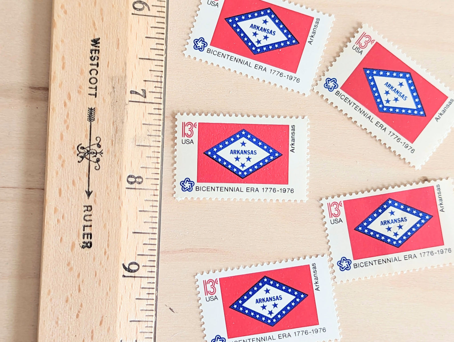 Arkansas State Flag, Set of 10, Vintage Unused USPS 13 Cent Postage Stamps, State Flags 1976, Gummed