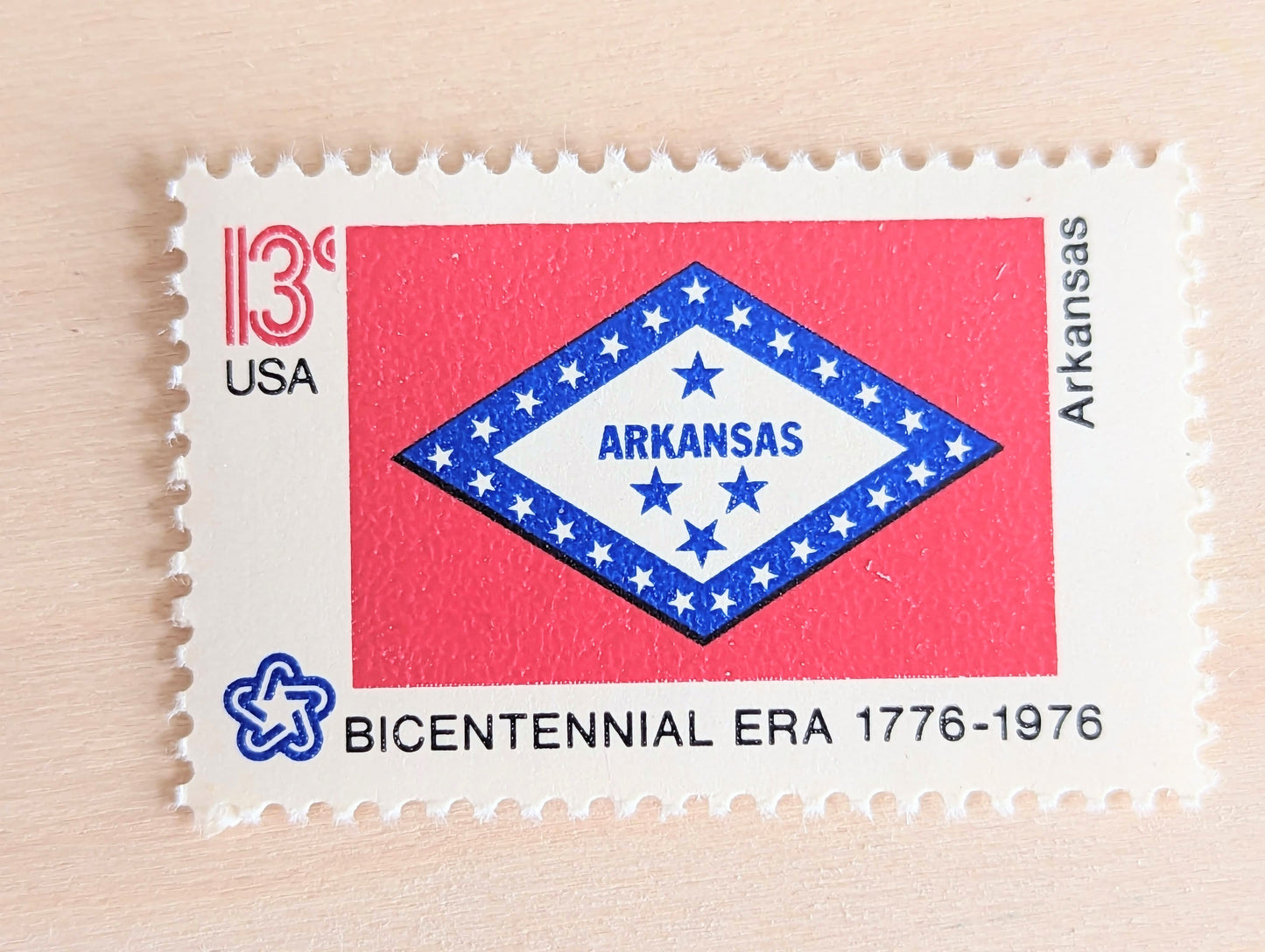 Arkansas State Flag, Set of 10, Vintage Unused USPS 13 Cent Postage Stamps, State Flags 1976, Gummed