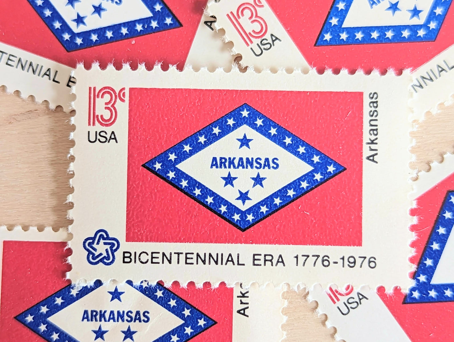 Arkansas State Flag, Set of 10, Vintage Unused USPS 13 Cent Postage Stamps, State Flags 1976, Gummed