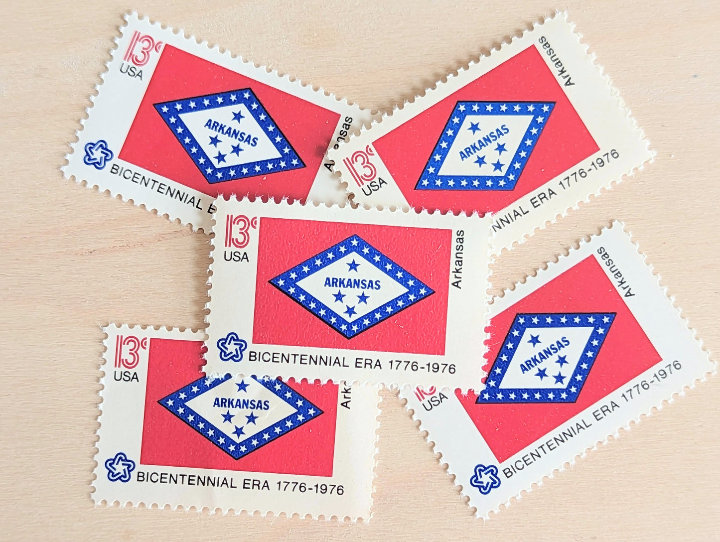 Arkansas State Flag, Set of 10, Vintage Unused USPS 13 Cent Postage Stamps, State Flags 1976, Gummed