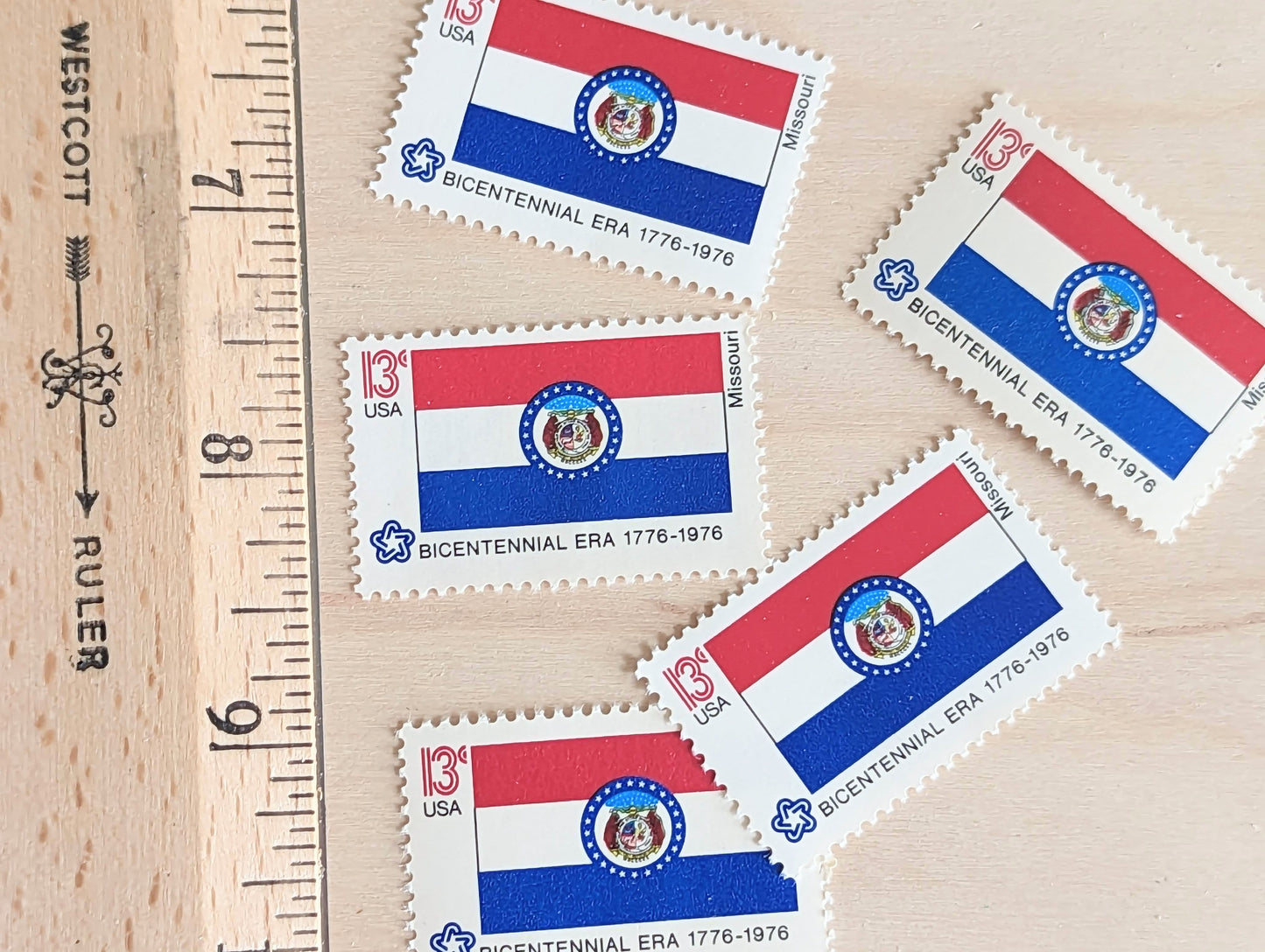Missouri State Flag, Set of 10, Vintage Unused USPS 13 Cent Postage Stamps, State Flags 1976, Gummed