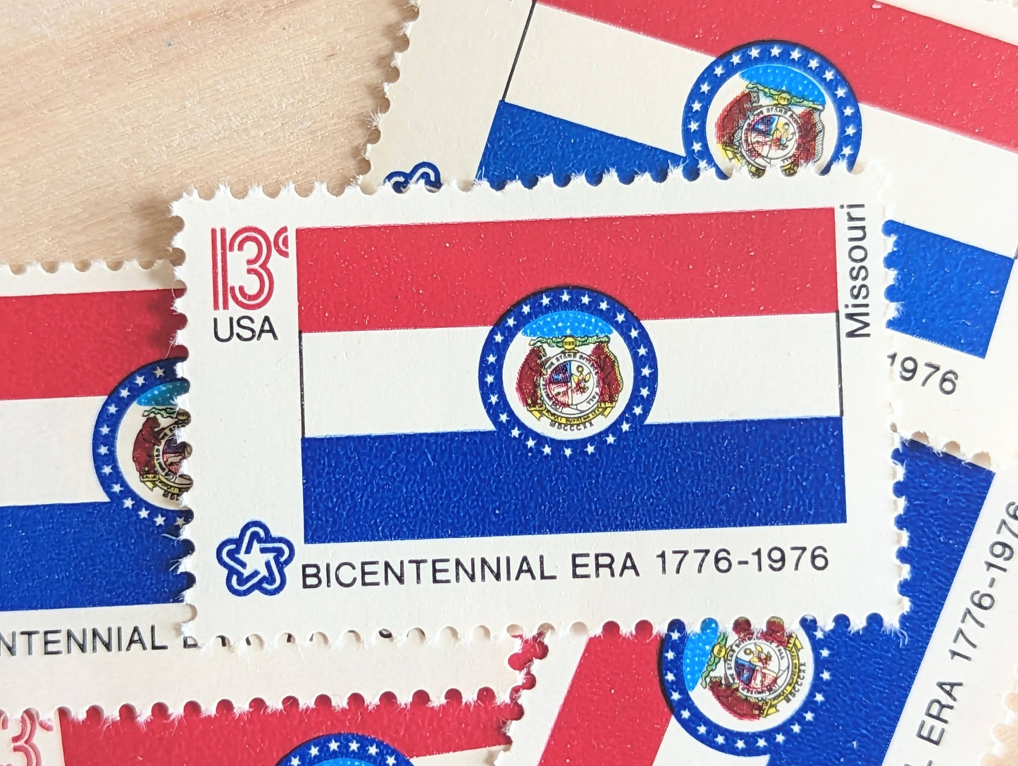 Missouri State Flag, Set of 10, Vintage Unused USPS 13 Cent Postage Stamps, State Flags 1976, Gummed