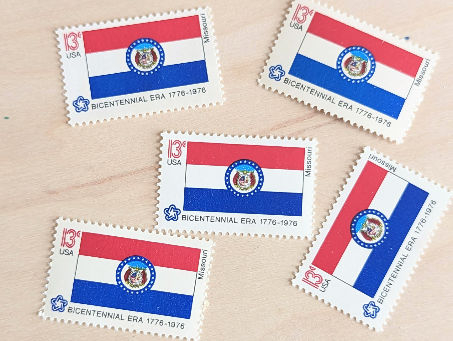 Missouri State Flag, Set of 10, Vintage Unused USPS 13 Cent Postage Stamps, State Flags 1976, Gummed