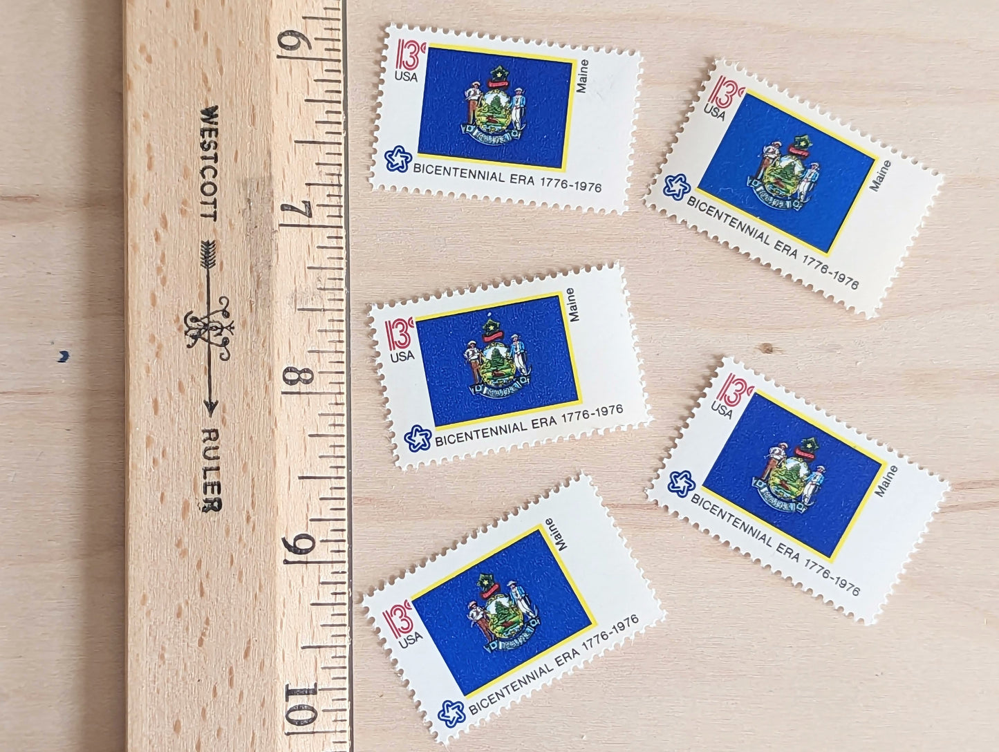 Maine State Flag, Set of 10, Vintage Unused USPS 13 Cent Postage Stamps, State Flags 1976, Gummed