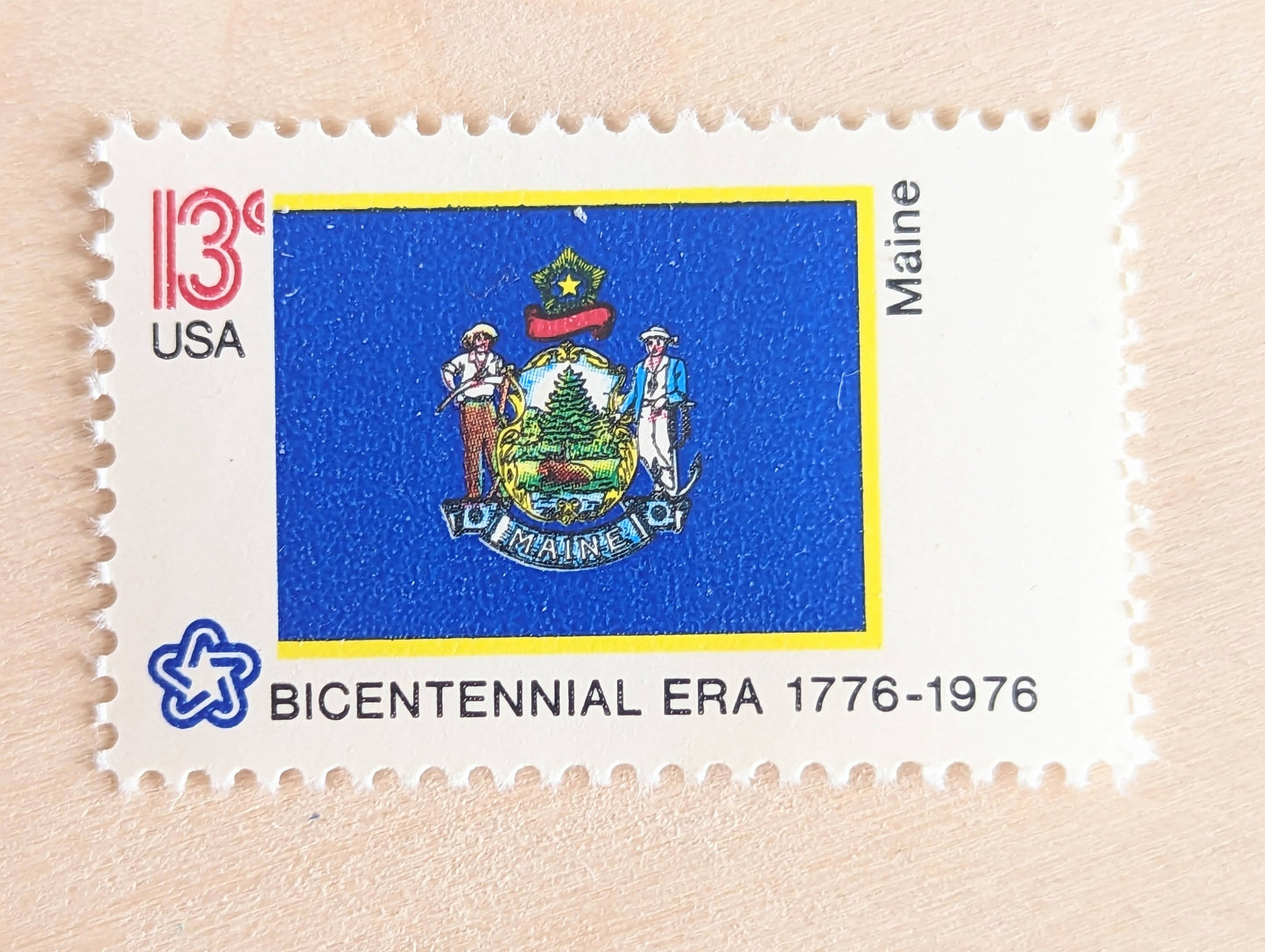Maine State Flag, Set of 10, Vintage Unused USPS 13 Cent Postage Stamps, State Flags 1976, Gummed