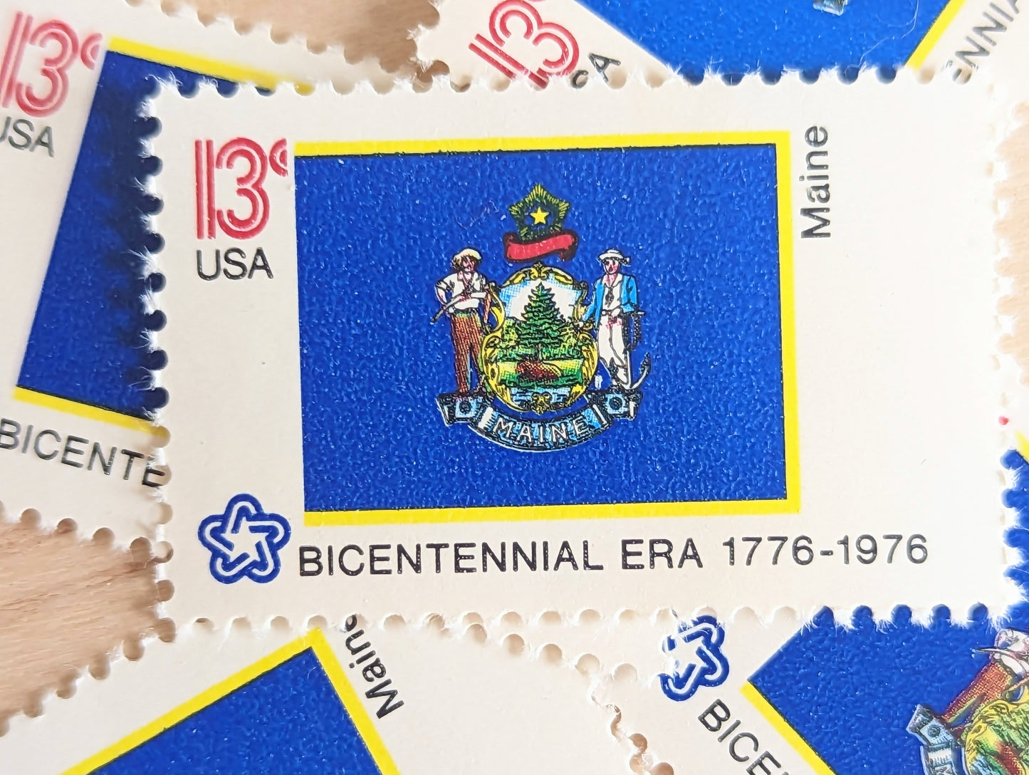 Maine State Flag, Set of 10, Vintage Unused USPS 13 Cent Postage Stamps, State Flags 1976, Gummed
