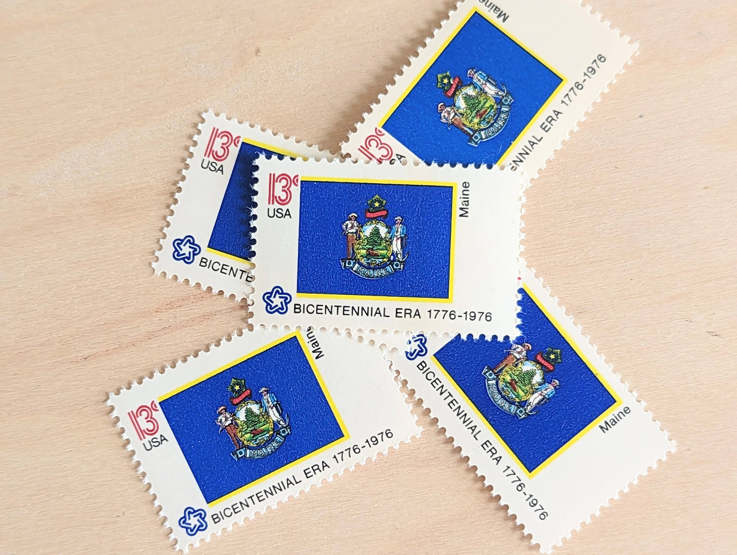 Maine State Flag, Set of 10, Vintage Unused USPS 13 Cent Postage Stamps, State Flags 1976, Gummed