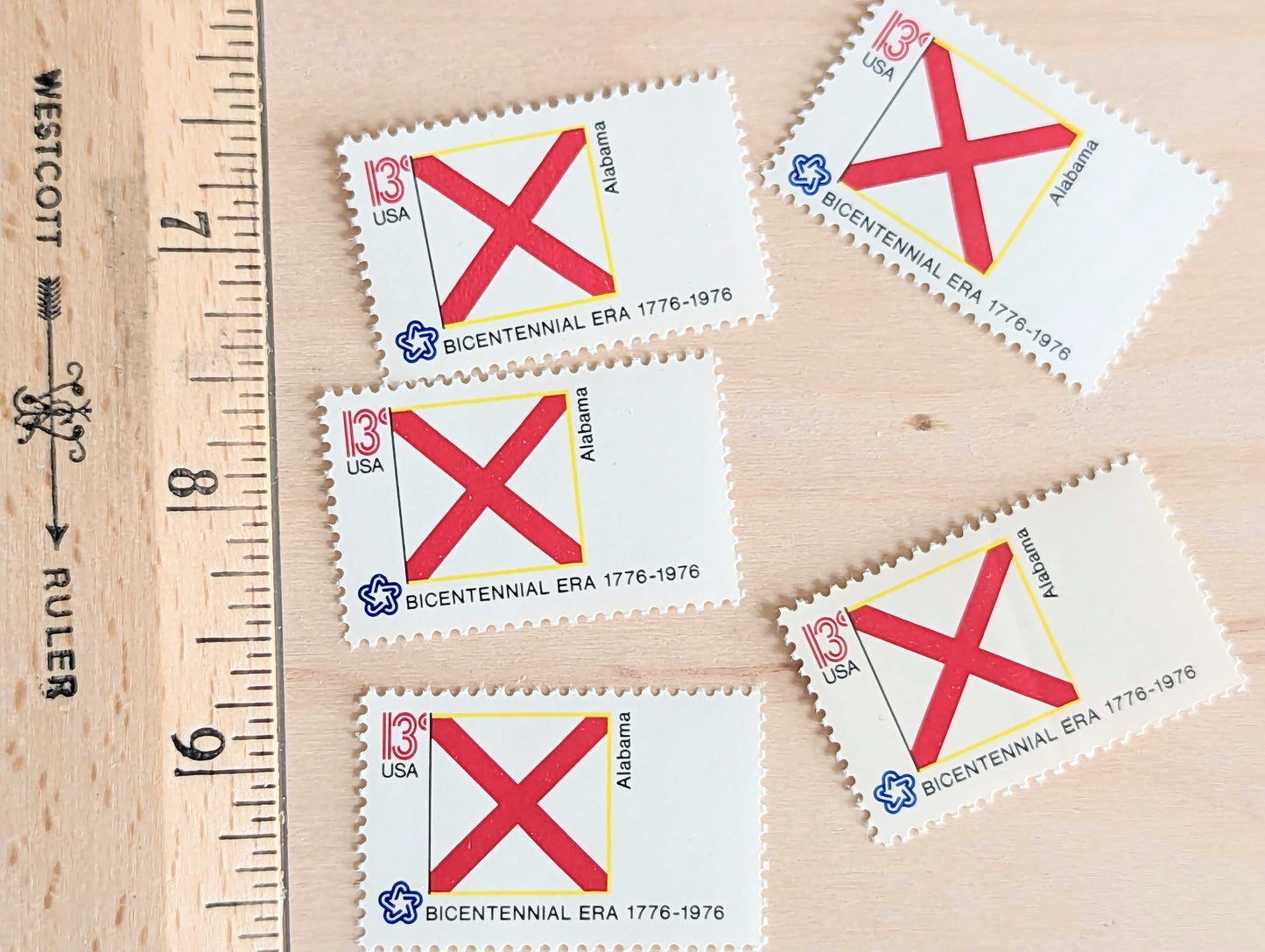 Alabama State Flag, Set of 10, Vintage Unused USPS 13 Cent Postage Stamps, State Flags 1976, Gummed
