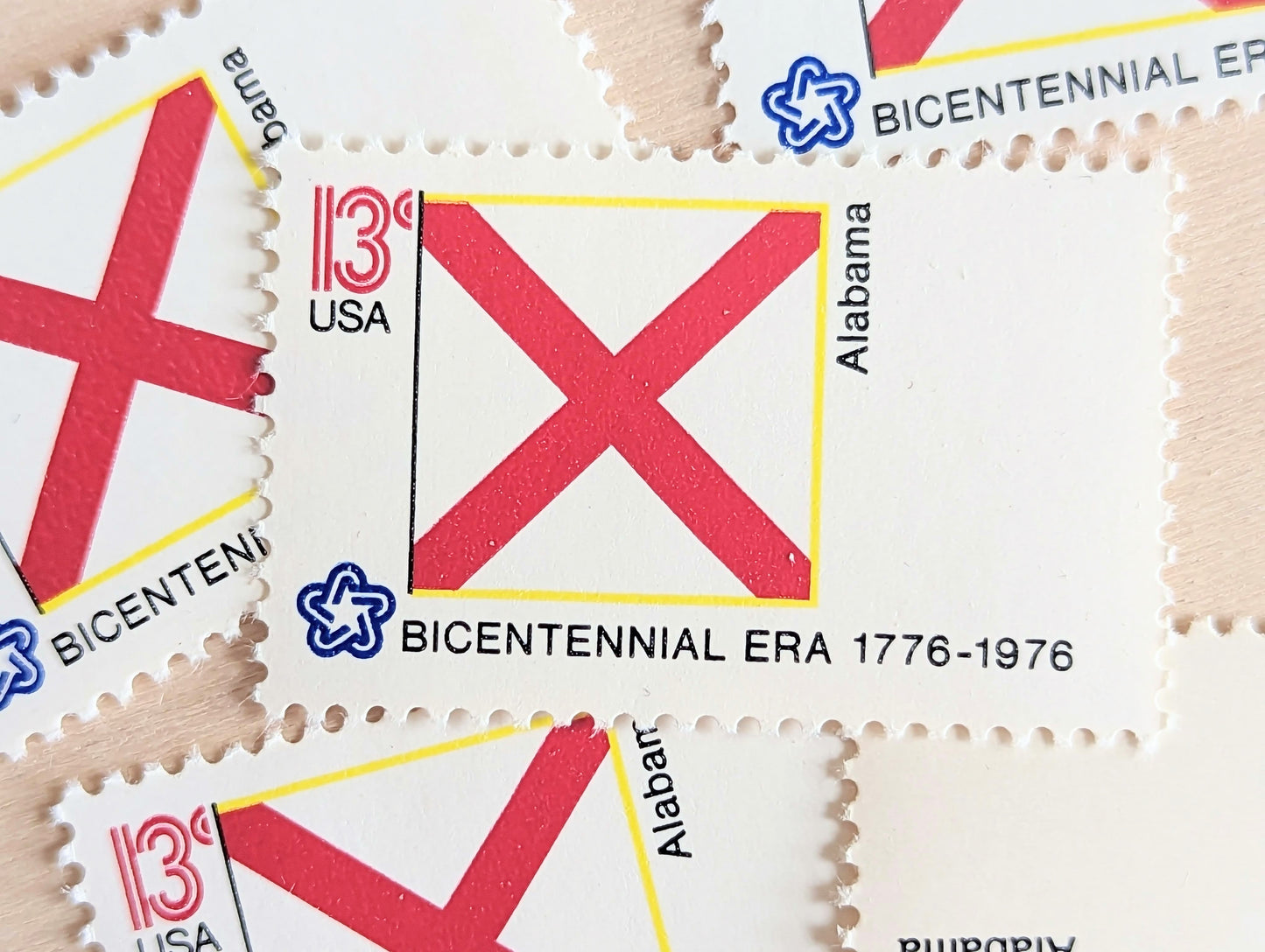 Alabama State Flag, Set of 10, Vintage Unused USPS 13 Cent Postage Stamps, State Flags 1976, Gummed