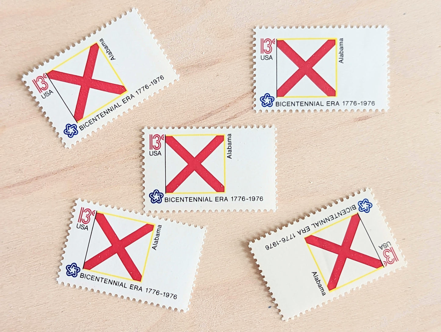 Alabama State Flag, Set of 10, Vintage Unused USPS 13 Cent Postage Stamps, State Flags 1976, Gummed