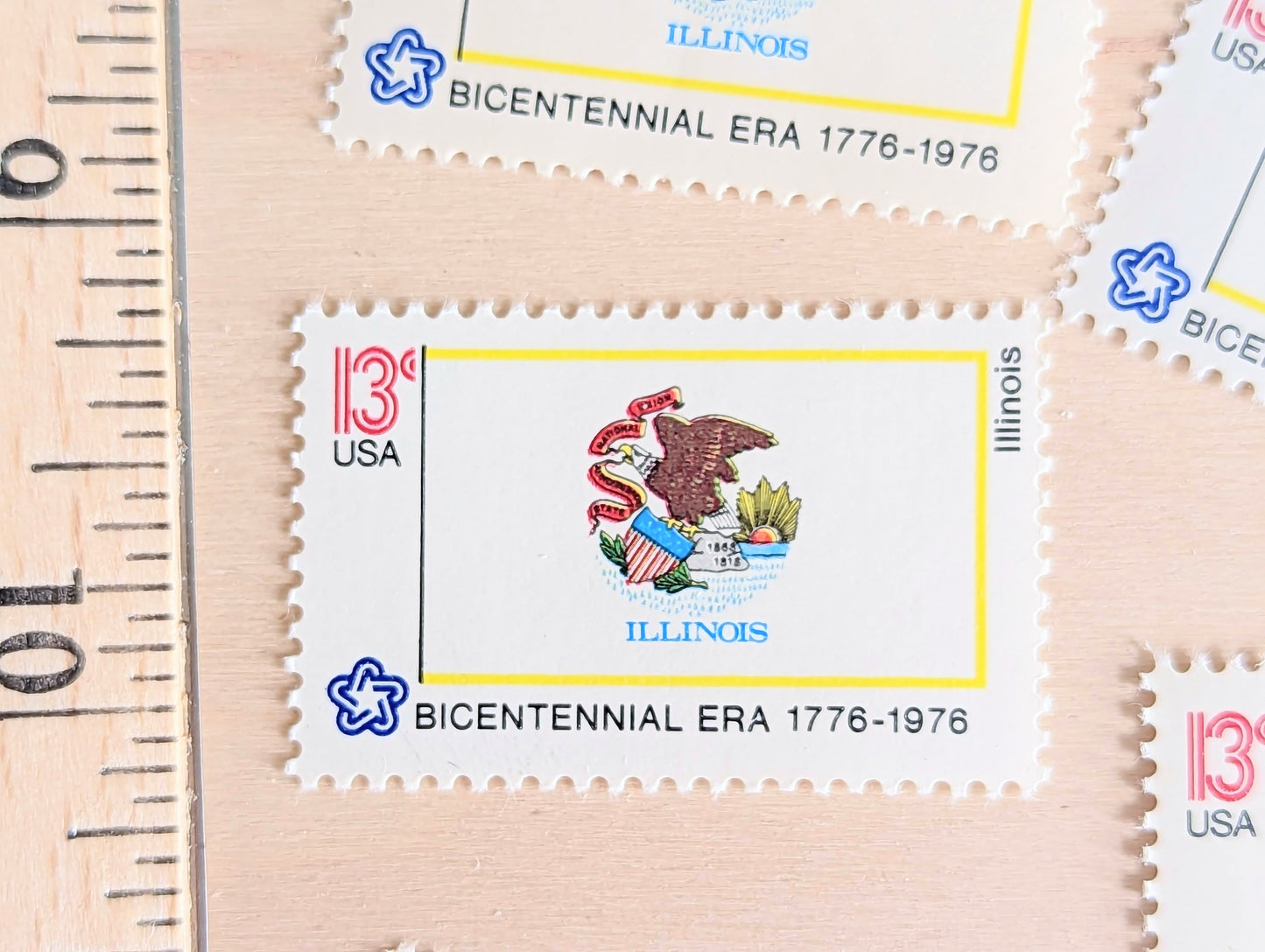Illinois State Flag, Set of 10, Vintage Unused USPS 13 Cent Postage Stamps, State Flags 1976, Gummed