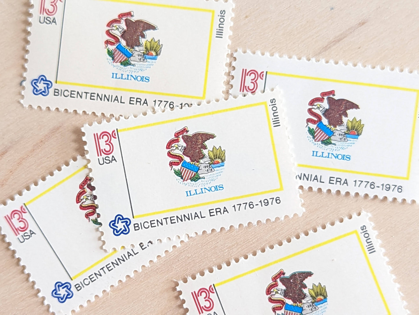 Illinois State Flag, Set of 10, Vintage Unused USPS 13 Cent Postage Stamps, State Flags 1976, Gummed
