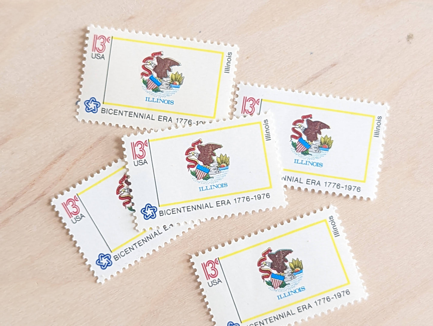Illinois State Flag, Set of 10, Vintage Unused USPS 13 Cent Postage Stamps, State Flags 1976, Gummed