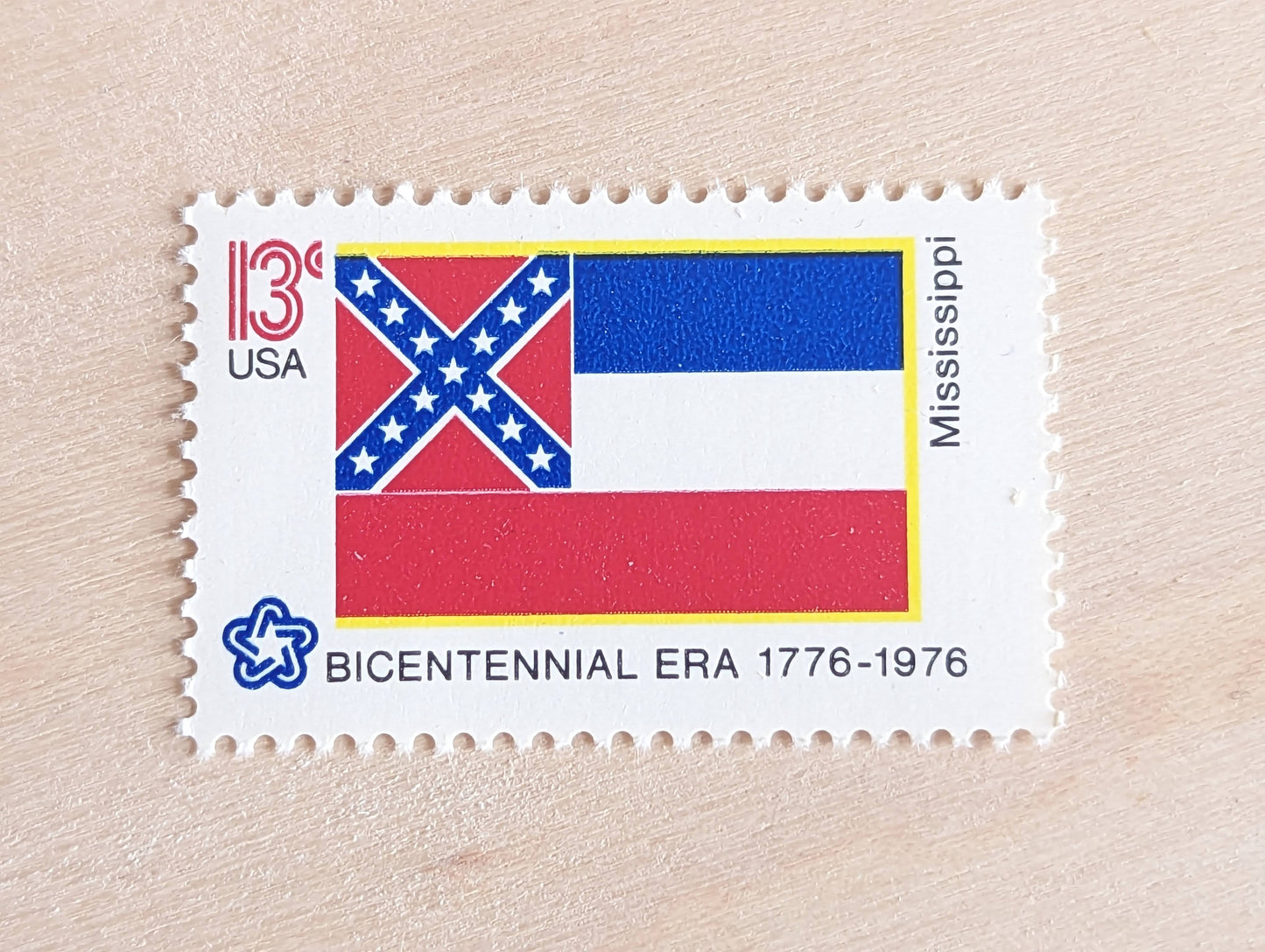 Mississippi State Flag, Set of 10, Vintage Unused USPS 13 Cent Postage Stamps, State Flags 1976, Gummed